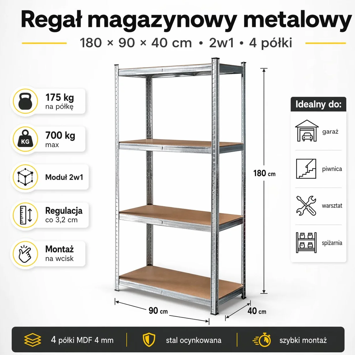 Mega-M BASIC Regał MAGAZYNOWY metalowy OCYNK- 2w1-4 PÓŁKI MDF - piwnica garaż - UDŹWIG 700 kg - 175 KG/półkę (180x90x40 cm)