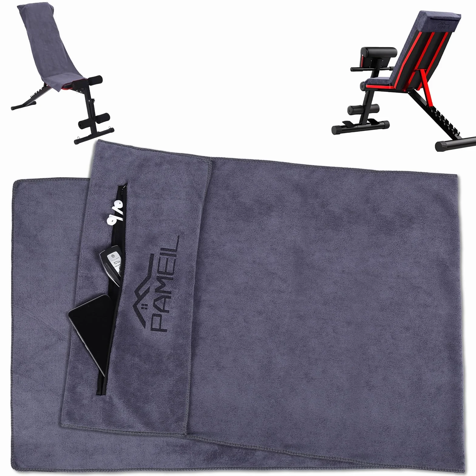 Pameil Ręcznik fitness, 120 x 50 cm, ręcznik sportowy, do studia fitness, chłonny i miękki, z kieszenią na zamek błyskawiczny, do treningu (ciemnoszary)