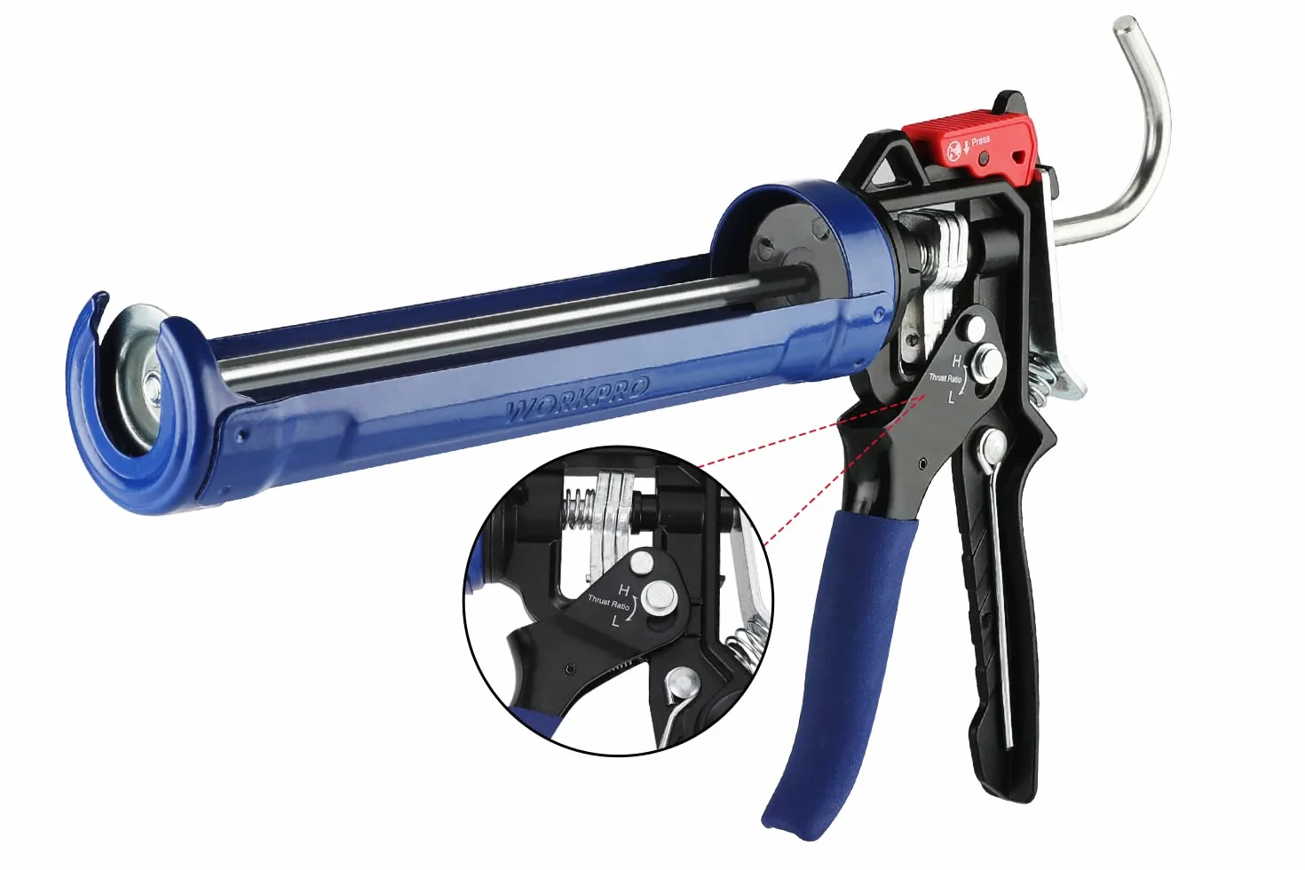 WORKPRO Pistolet uszczelniający, regulowany współczynnik oporu, gładki okrągły pręt ręczny pistolet silikonowy, bez regulacji kapania, pistolet uszczelniający z wygodnym uchwytem, stosunek ciągu 9:1 i