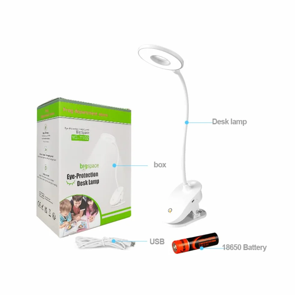 Lampa do czytania z klipsem, zasilana bateriami z 3 poziomami jasności, ładowana przez USB