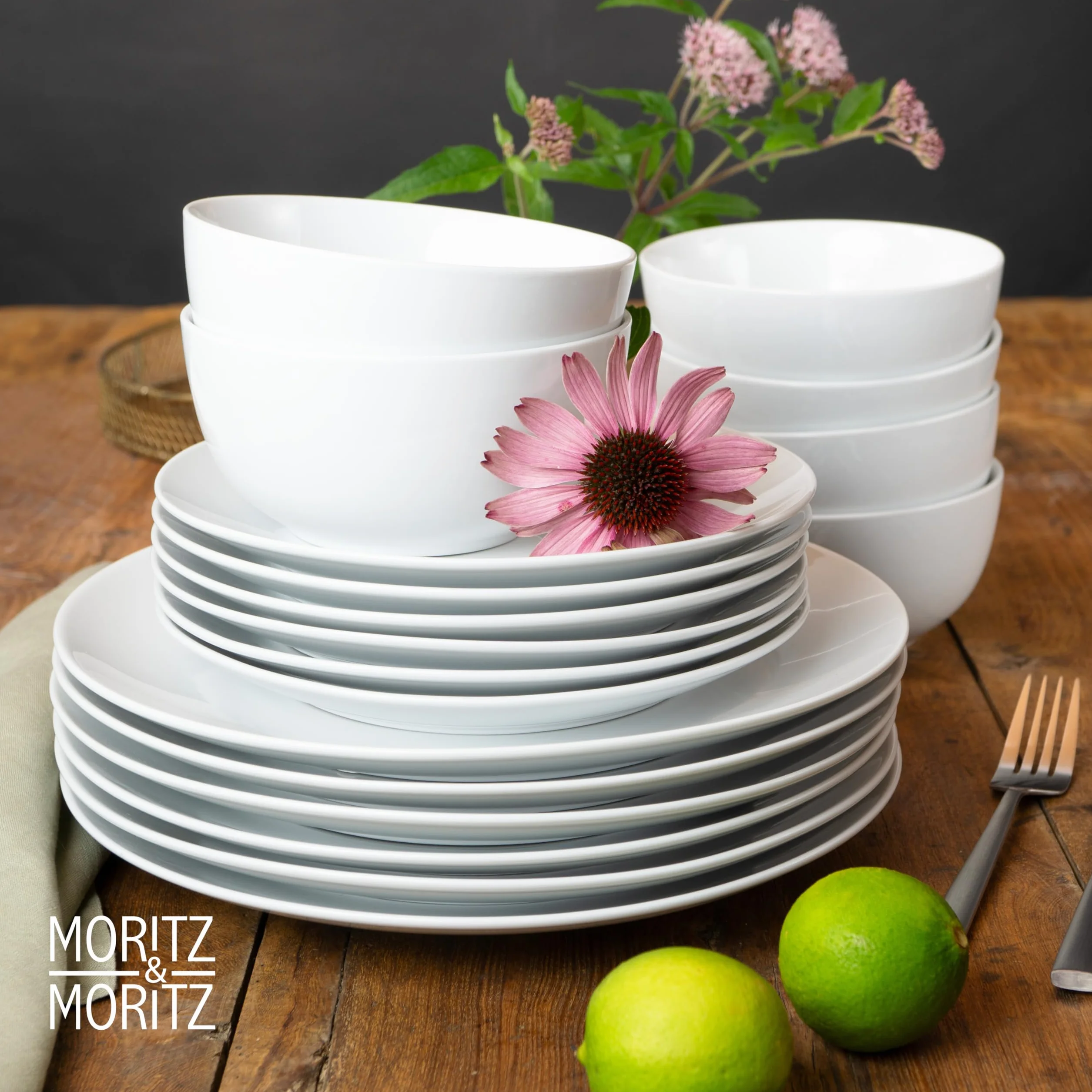 Moritz & Moritz BASIC 18-częściowy zestaw naczyń dla 6 osób, nowoczesny – z wysokiej jakości porcelany w klasycznej bieli – składający się z 6 talerzy obiadowych, 6 talerzy deserowych i 6 miseczek