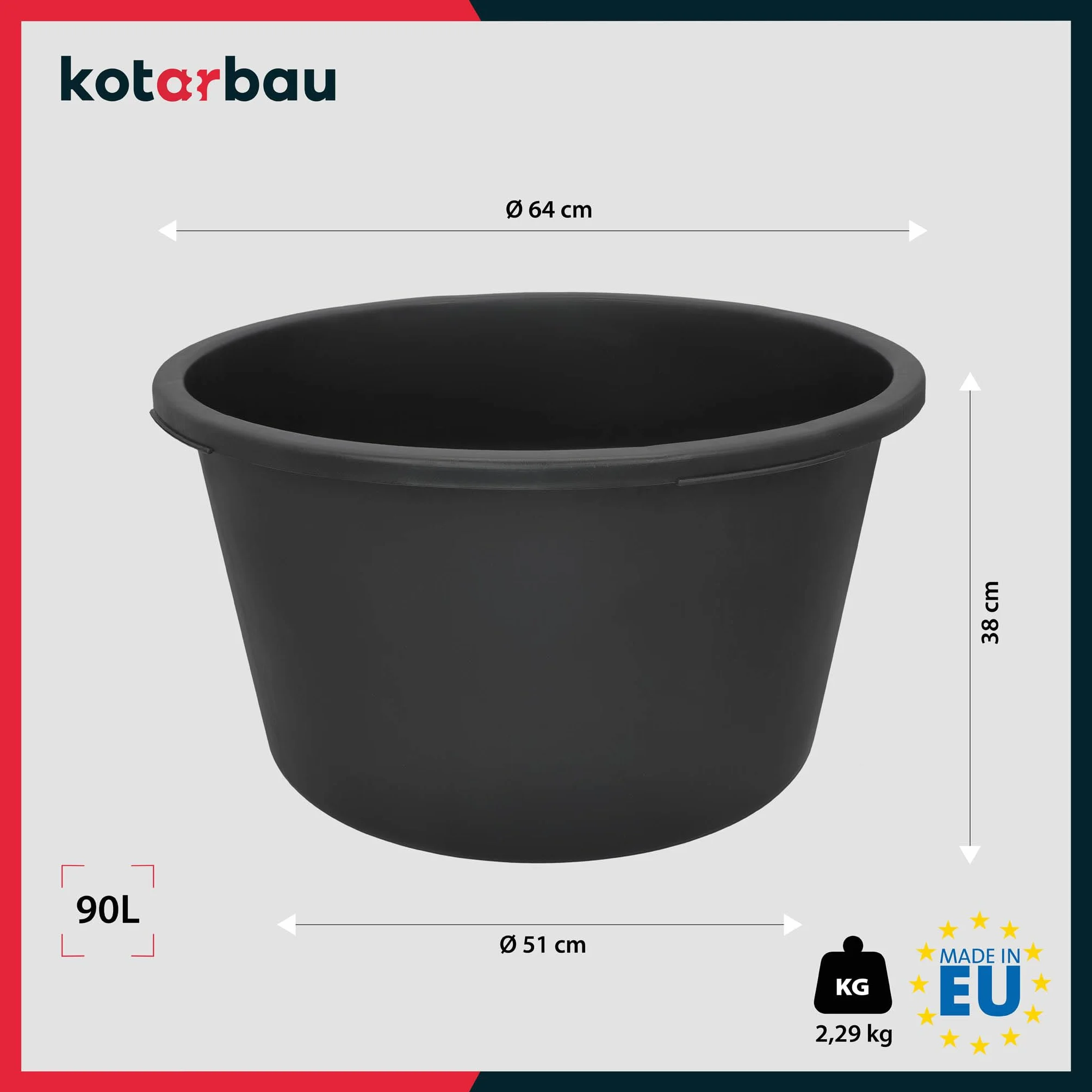 KOTARBAU Wanna do zaprawy murarskiej, 90 l, czarna wanna z tworzywa sztucznego, średnica 65 cm, wiadro budowlane, wanna, tworzywo sztuczne, pojemnik murarski