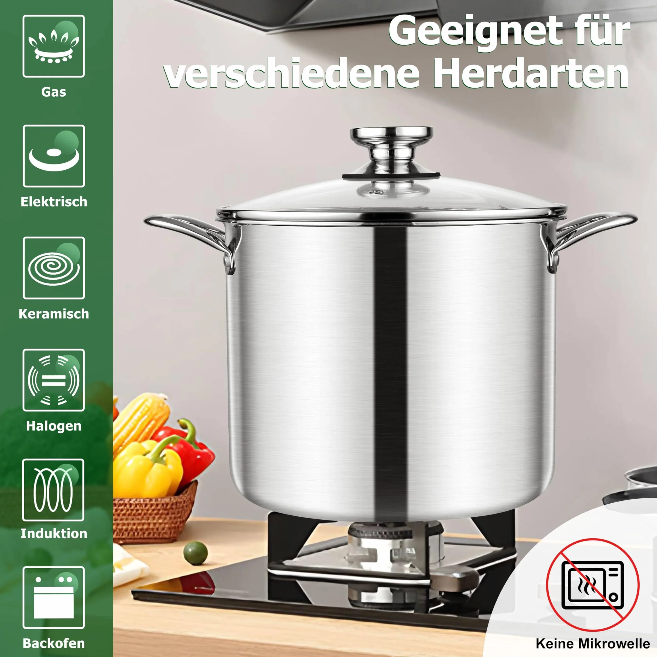 Homikit Garnek do gotowania 10 l, duży garnek do zupy, garnek indukcyjny z 3-warstwowej stali nierdzewnej, do wszystkich rodzajów kuchenek, stal nierdzewna, polerowana, garnek do mięsa ze szklaną