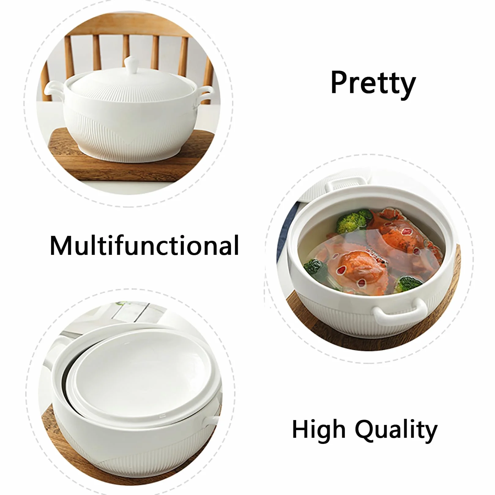 Biała waza z 2 uchwytami, porcelanowe wazaki z pokrywką i łyżką do kuchennej kuchenki mikrofalowej,White,L