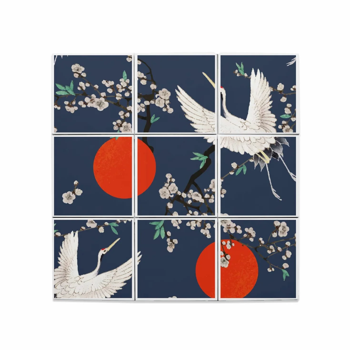 Fabulous Zestaw x9 Dekoracyjne płytki ceramiczne 10,8 x 10,8 cm - Japonia żuraw czerwony nadruk tradycyjna ilustracja (rozmiar całkowita 32,4 x 32,4 cm)