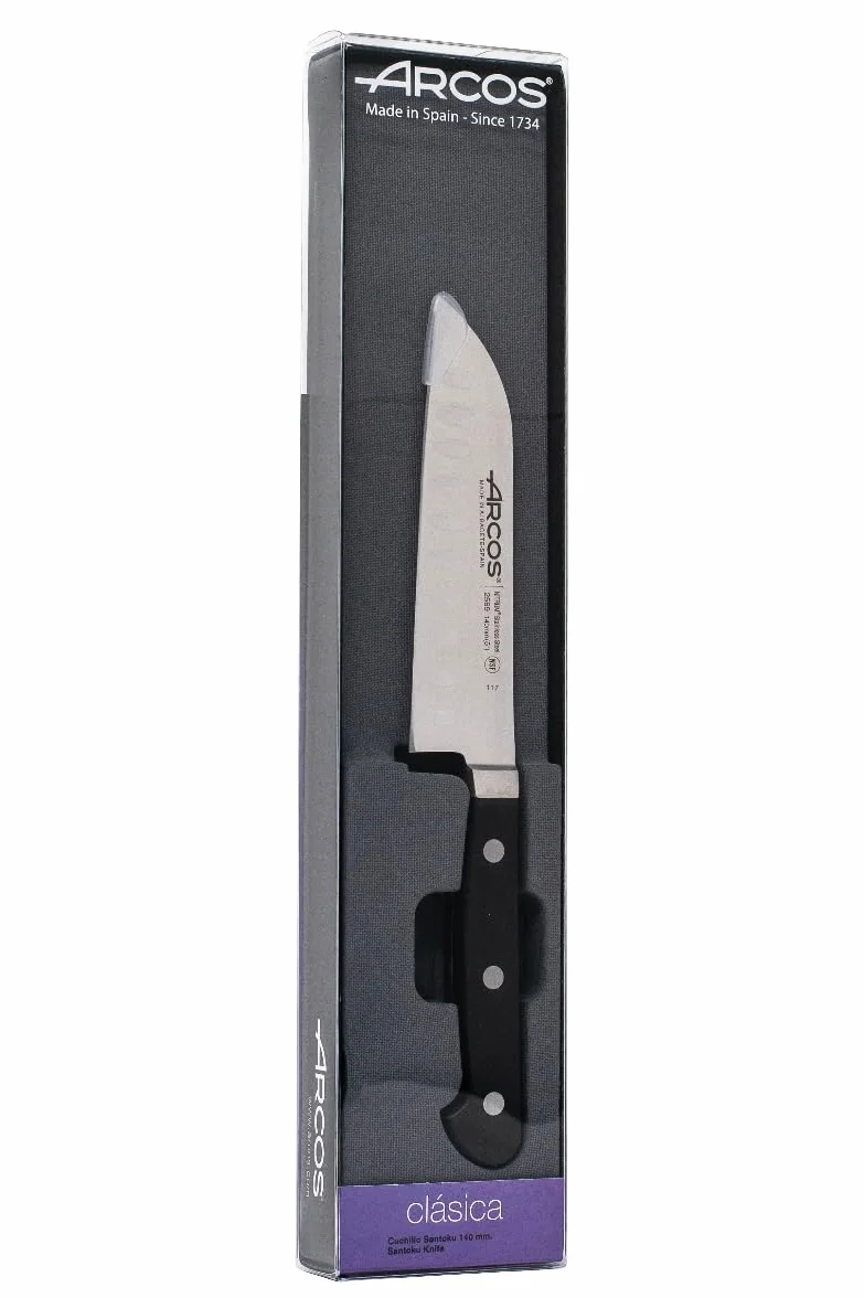 Arcos seria 256900 Clasica-santoku nóż nóż nóż kute nitrm stal nierdzewna 140 mm (5,51 cala) - uchwyt polioksymetylen (pom) czarny kolor, 18/8