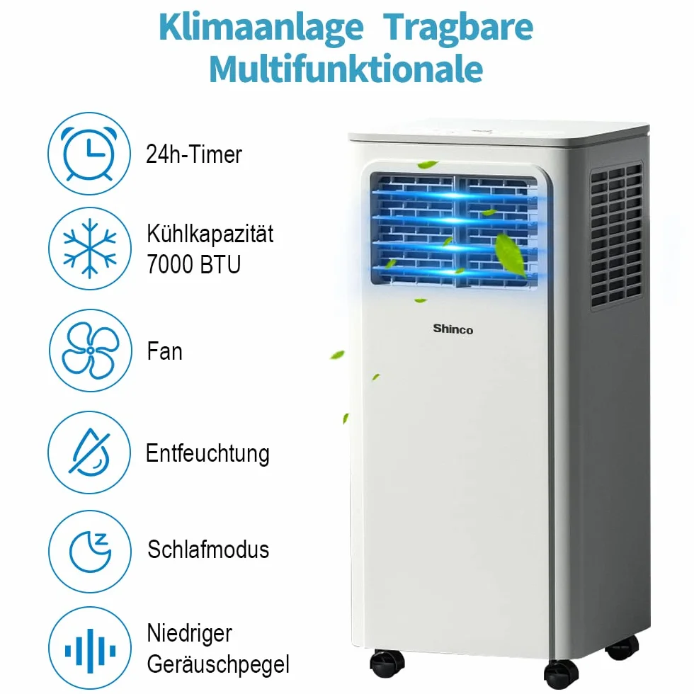 SHINCO 7000BTU mobilny klimatyzator z funkcją 3 w 1, klimatyzacja, osuszacz, wentylator, tryb czuwania, 2,1 kW, pilot zdalnego sterowania, 24-godzinny timer, 2 zestawy okien