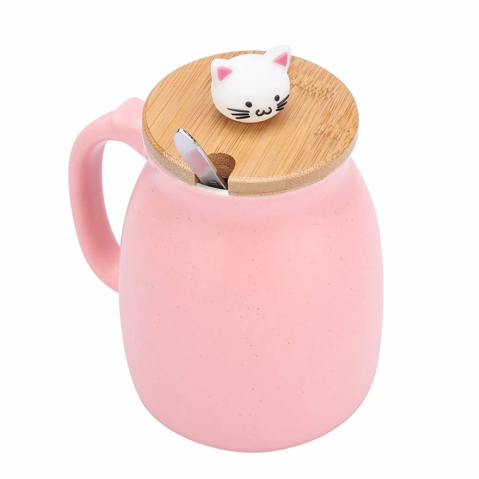 Kubek dla kota 420 ml śliczny ceramiczny kubek do kawy z pięknym kotkiem drewniana pokrywka łyżka ze stali nierdzewnej, poranna filiżanka herbata mleko świąteczny kubek(Pink)