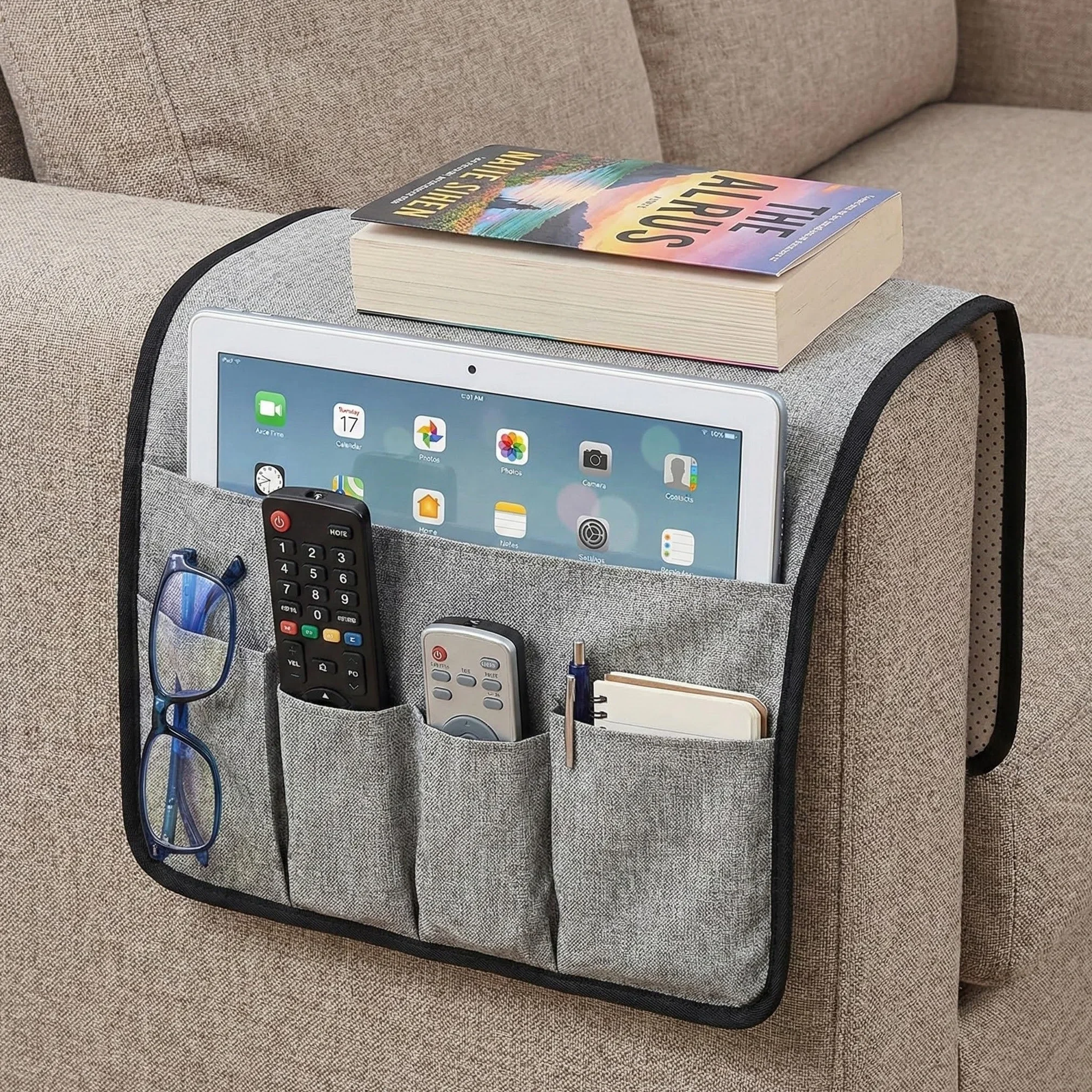 Volumoon Organizer na sofę, podłokietniki, antypoślizgowy, do zawieszenia fotela, 5 kieszeni, na telefon komórkowy, iPad, książkę, czasopisma, pilot do TV, tablety, okulary (kolor szary)