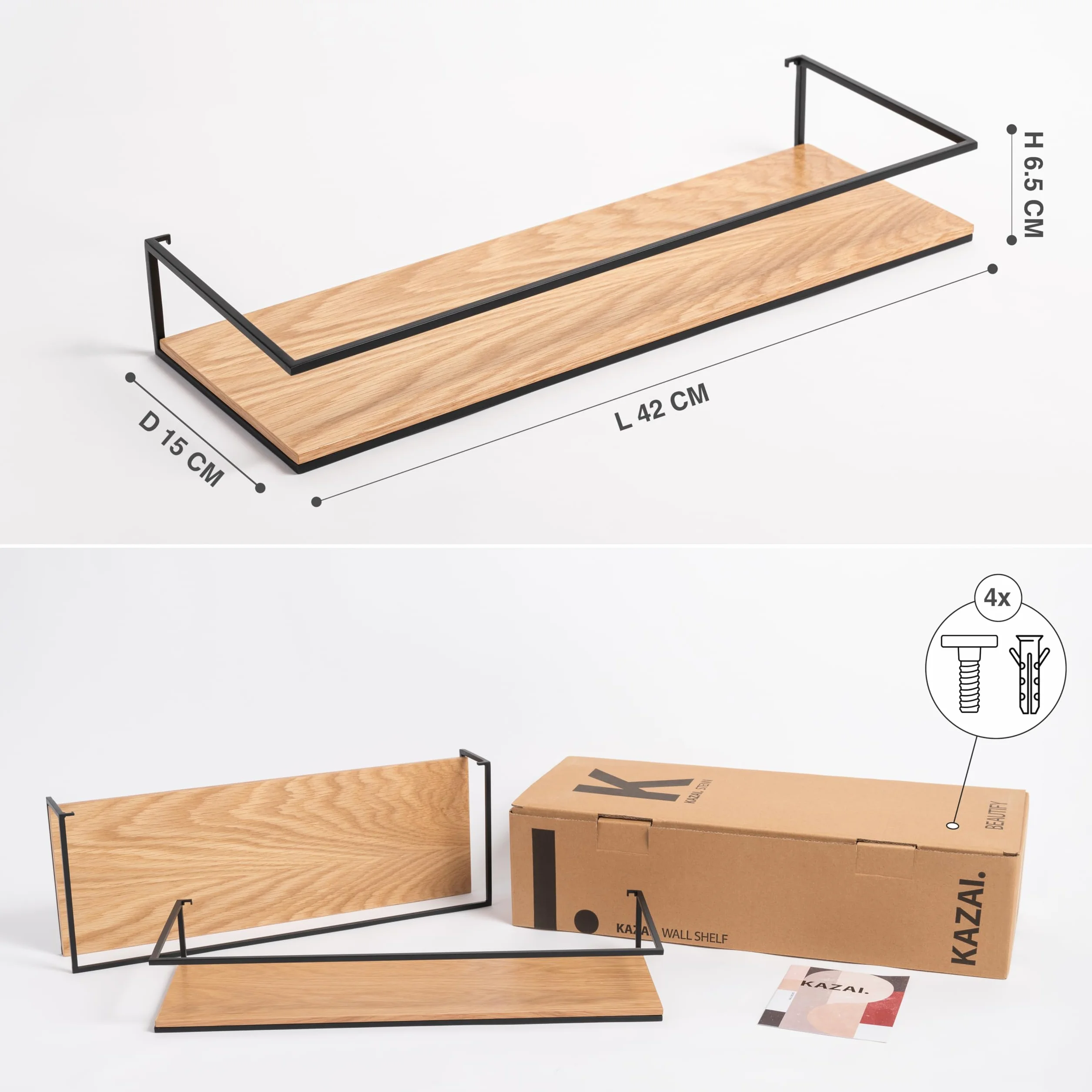 KAZAI.® Zestaw Półek Ściennych -STENN- | Półki Wiszące z Metalu i Prawdziwej Okleiny Drewnianej | Drewniane Półki do Łazienki, Kuchni, Salonu, Sypialni | Dąb