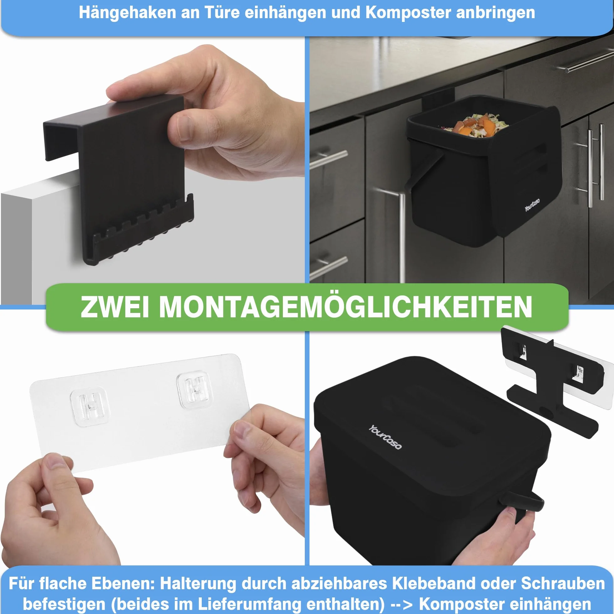 YourCasa Kosz na odpady organiczne do kuchni, 7 l, kosz na kompost do zawieszenia na sitku, nadaje się do mycia w zmywarce, kosz na odpady organiczne, mały kompostownik kuchenny, wiadro ekologiczne