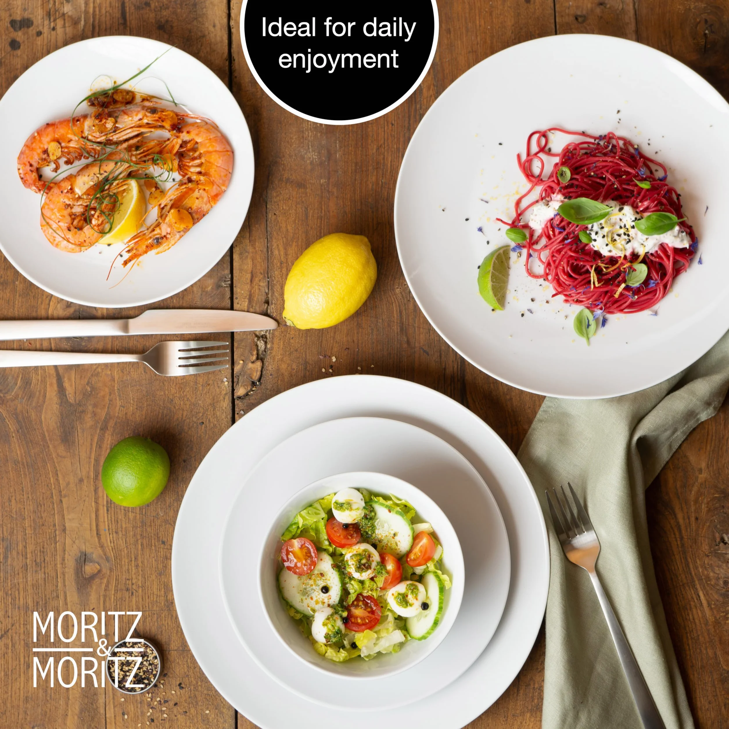 Moritz & Moritz BASIC 18-częściowy zestaw naczyń dla 6 osób, nowoczesny – z wysokiej jakości porcelany w klasycznej bieli – składający się z 6 talerzy obiadowych, 6 talerzy deserowych i 6 miseczek