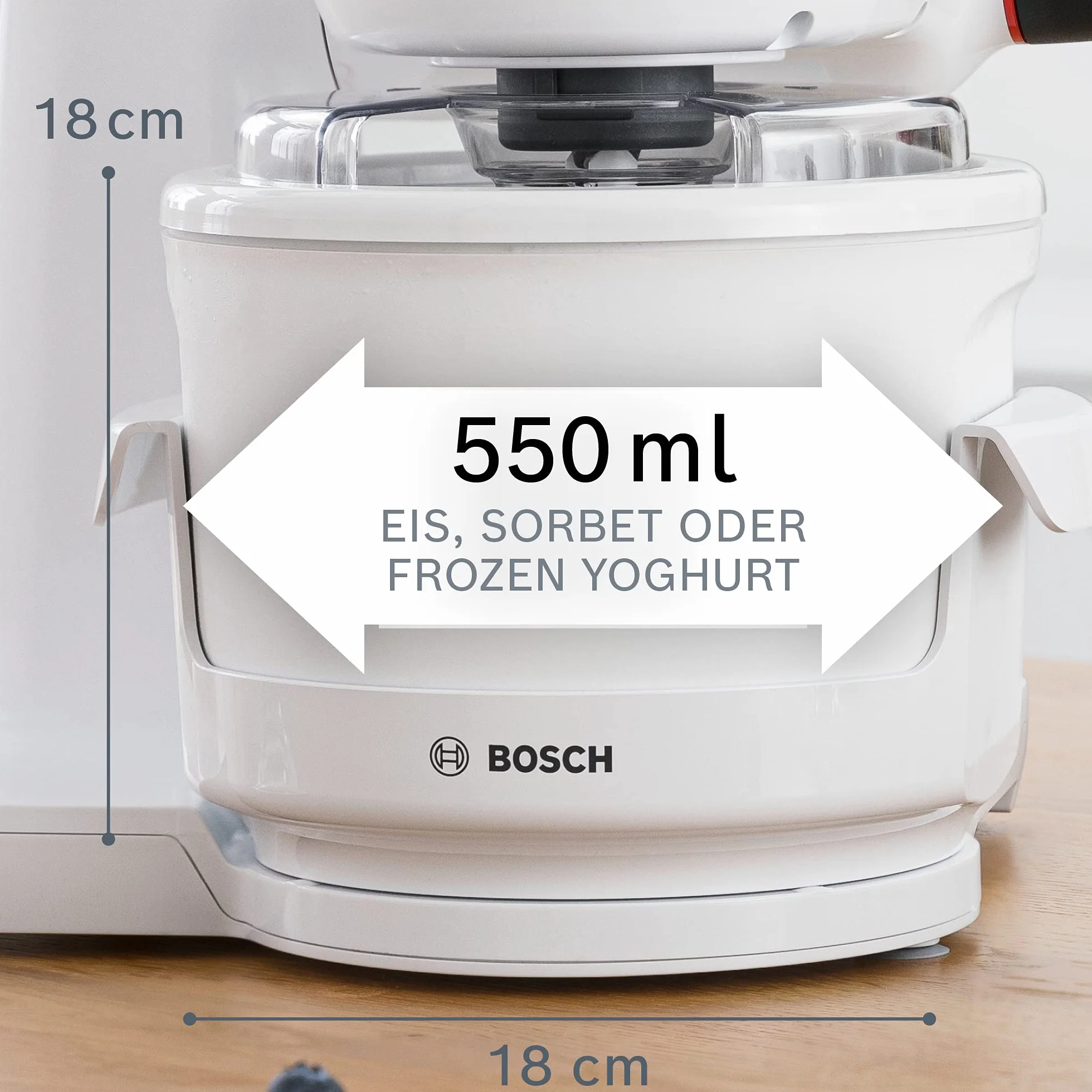 Bosch Maszyna do lodów MUZS2EB, 550 ml, samodzielnie wykonane lody, sorbet i mrożony jogurt, biała, pokrywka chroniąca przed rozpryskiwaniem z otworem do napełniania, pasuje do robota kuchennego Bosch