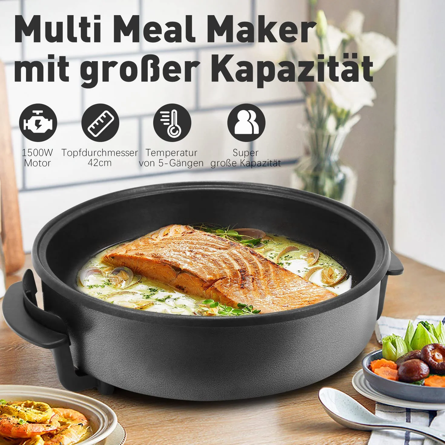 elektryczna patelnia wielofunkcyjna, Ø 42 x 7 cm, 1500 W, elektryczny patelnia do pizzy z pokrywką, imprezowa 8,7 l