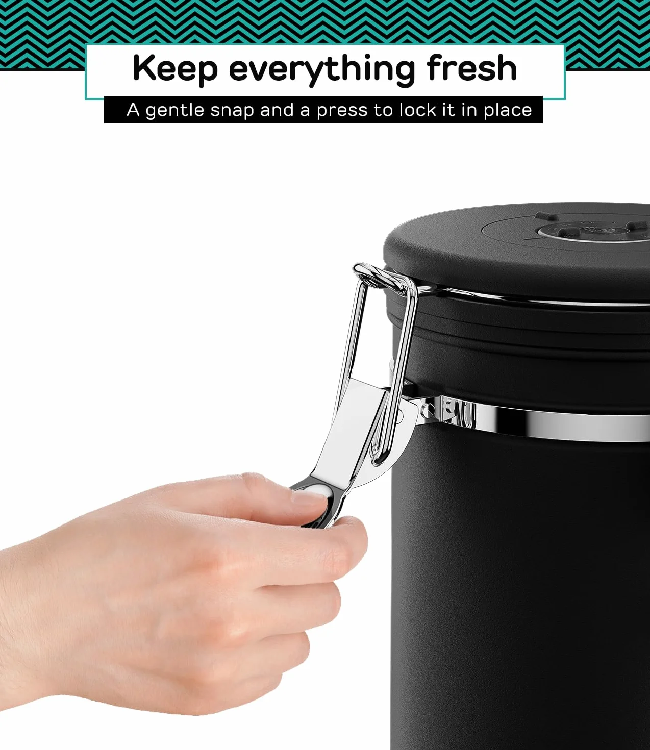 Coffee Gator Stainless Steel Coffee Grounds and Beans Container Canister with Date-Tracker, CO2-Release Valve and Measuring Scoop, Medium, Black