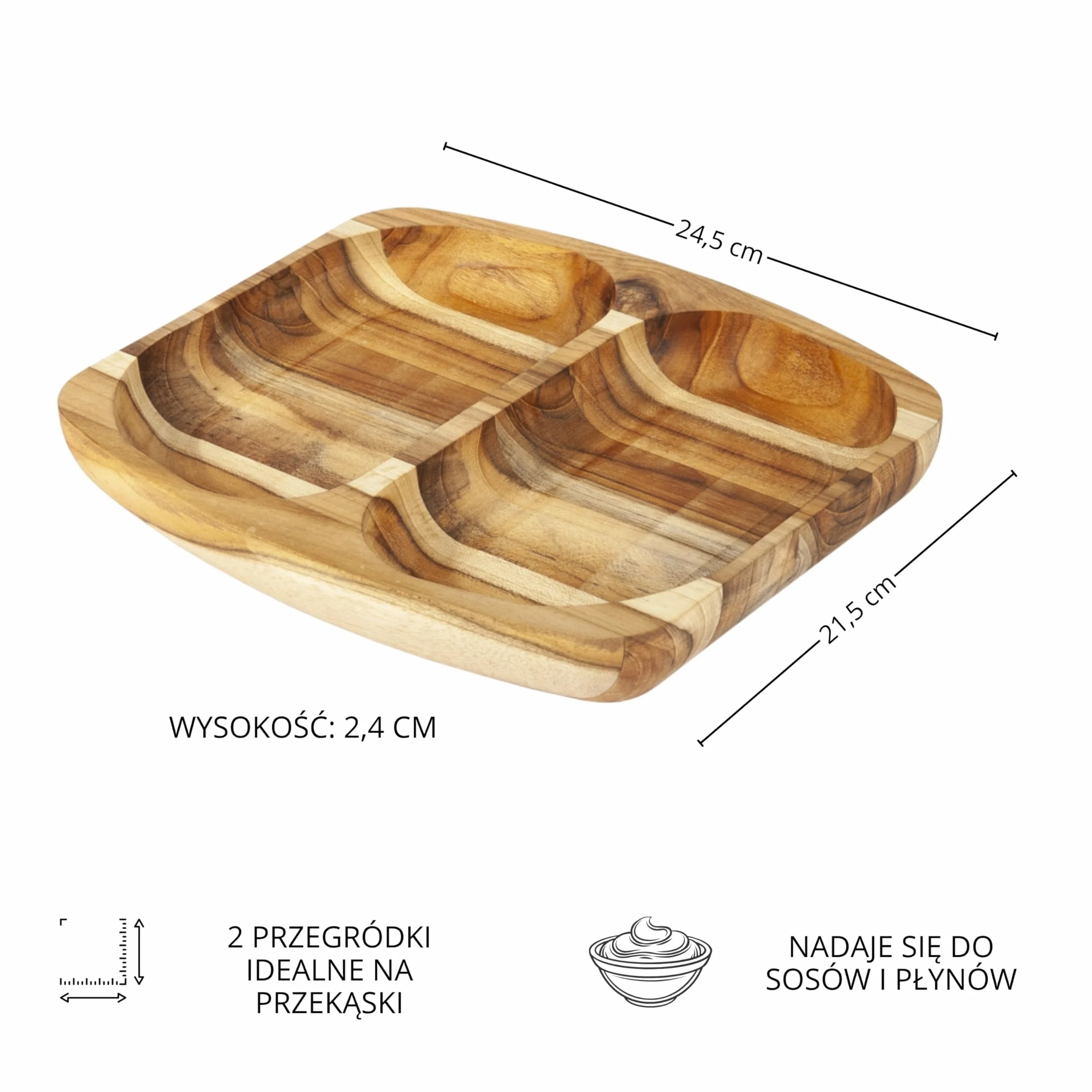 Tace Do Serwowania Posiłków, Taca Drewniana, Naturalne Drewno Tekowe, Prostokątna i Wytrzymała, Idealna Do Mięsa, Kurczaka, Wędlin, Tapas, Miseczka Na Sosy, 2 Przegrody, 24.5x21.5x2.4 cm