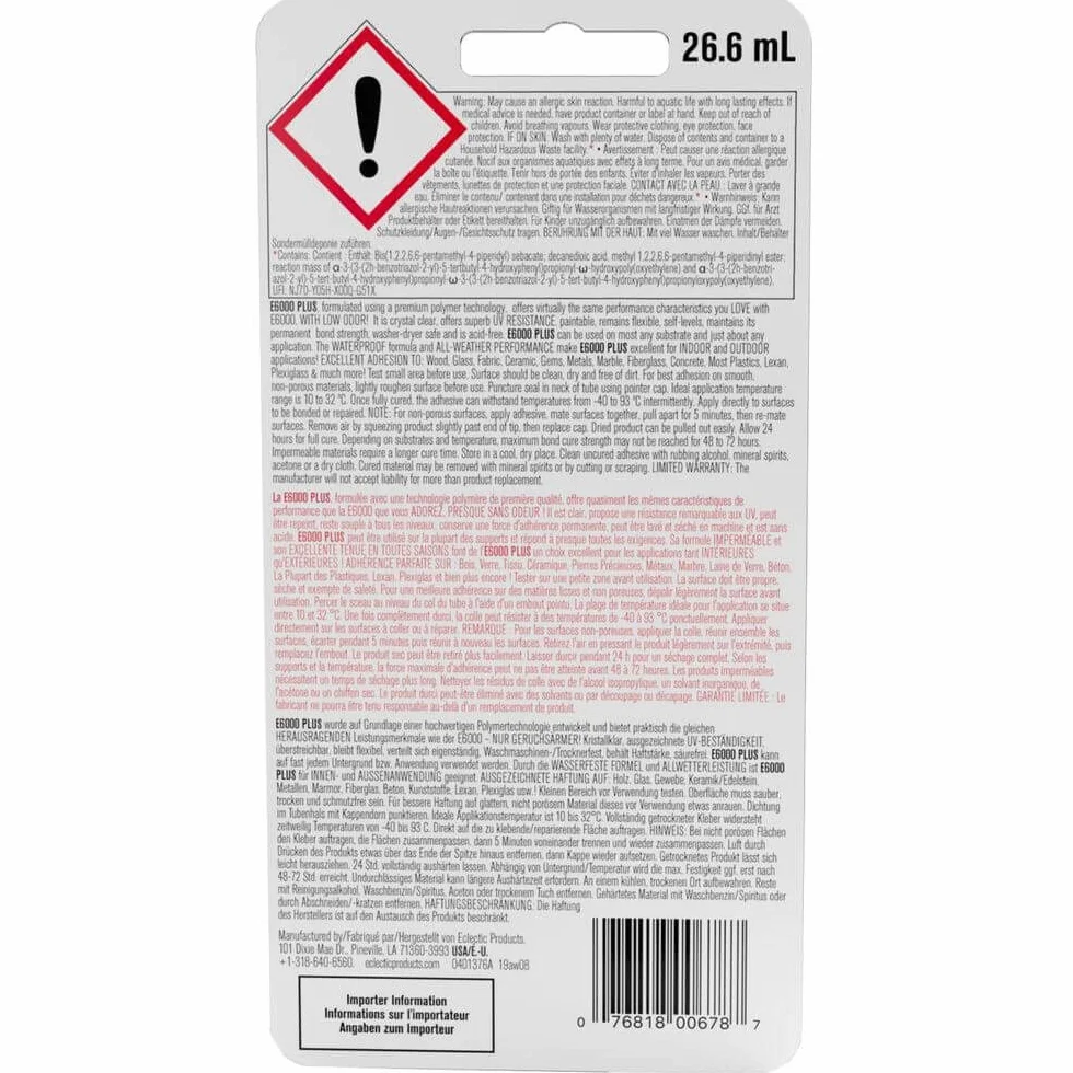 Eclectic Products inc. E6000 Plus uniwersalny klej przezroczysty, wodoodporny i malowany, mocny elastyczny klej rzemieślniczy do drewna, szkła, tkaniny, ceramiki, metalu i innych, 26,6 ml