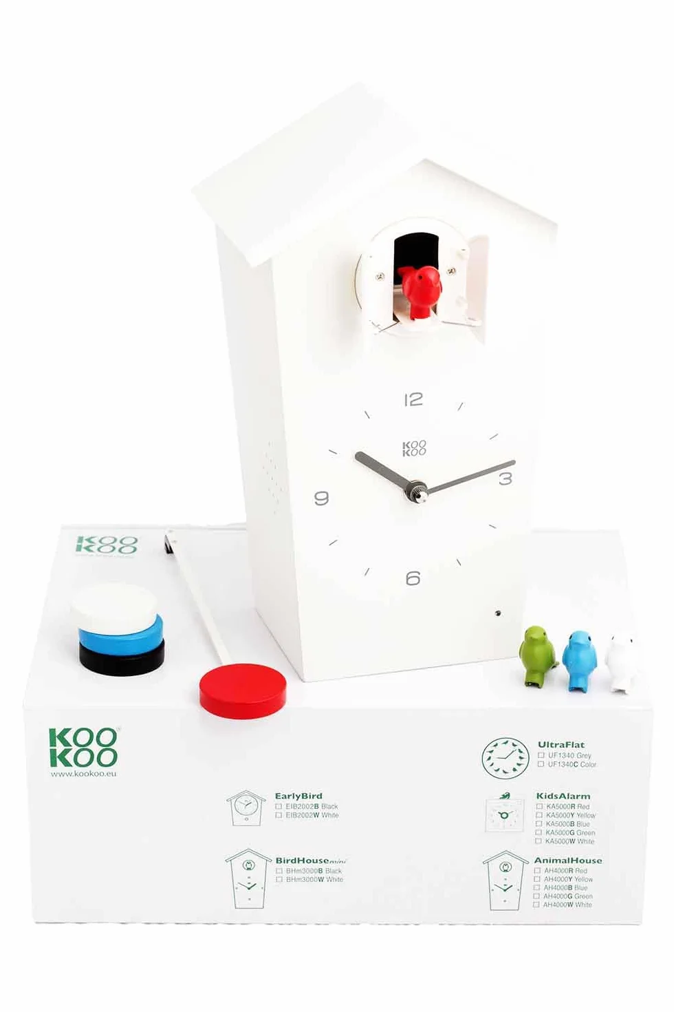 KOOKOO BirdHouse biały, nowoczesny zegar z kukułką z 12 naturalnymi głosami ptaków lub głosem kukułki