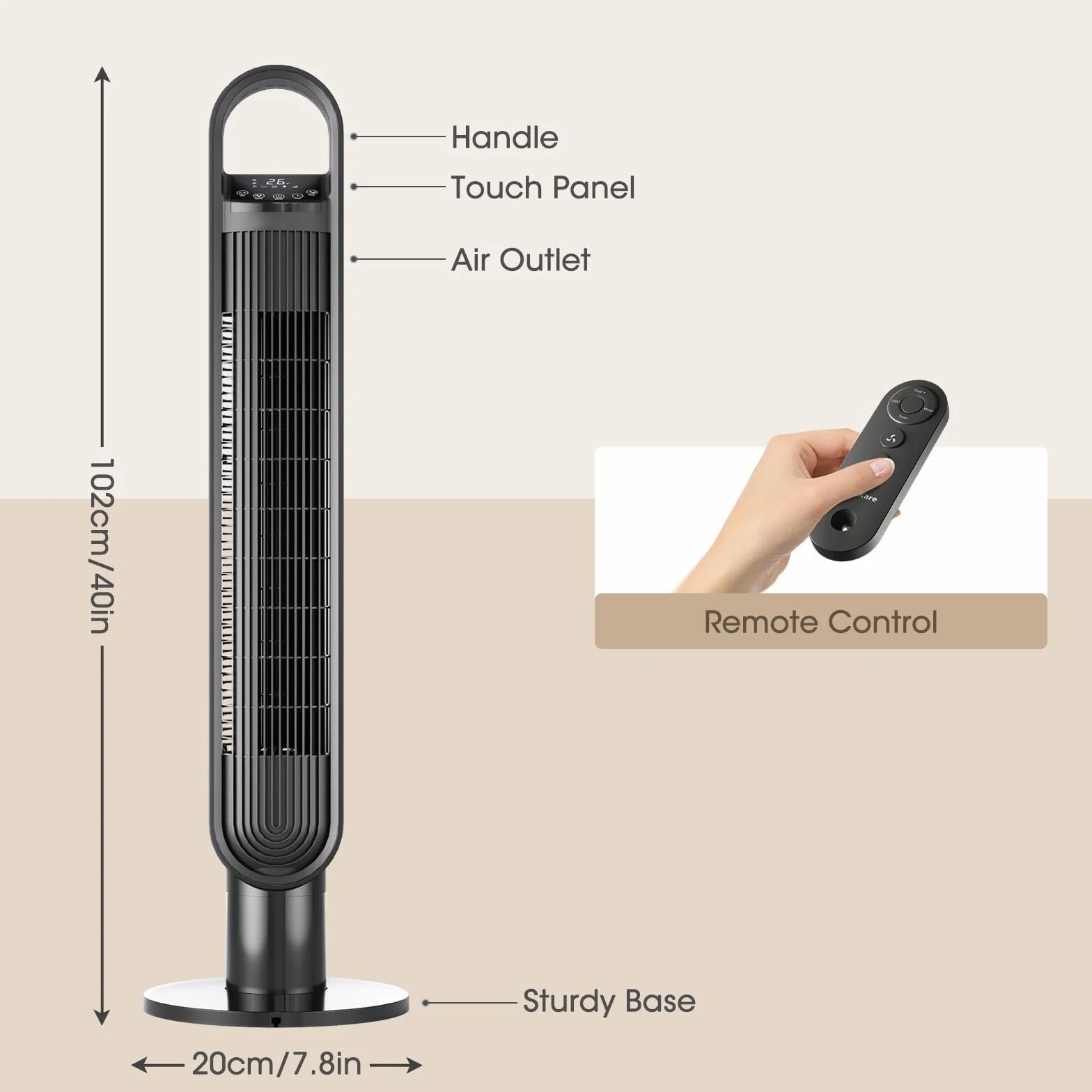 Tower Fan Wentylator wieżowy, 102 cm wysokości 3 tryby 3 prędkości 1-12H timer 70° oscylacyjny wentylator stojący z pilotem zdalnego sterowania do sypialni, czarny