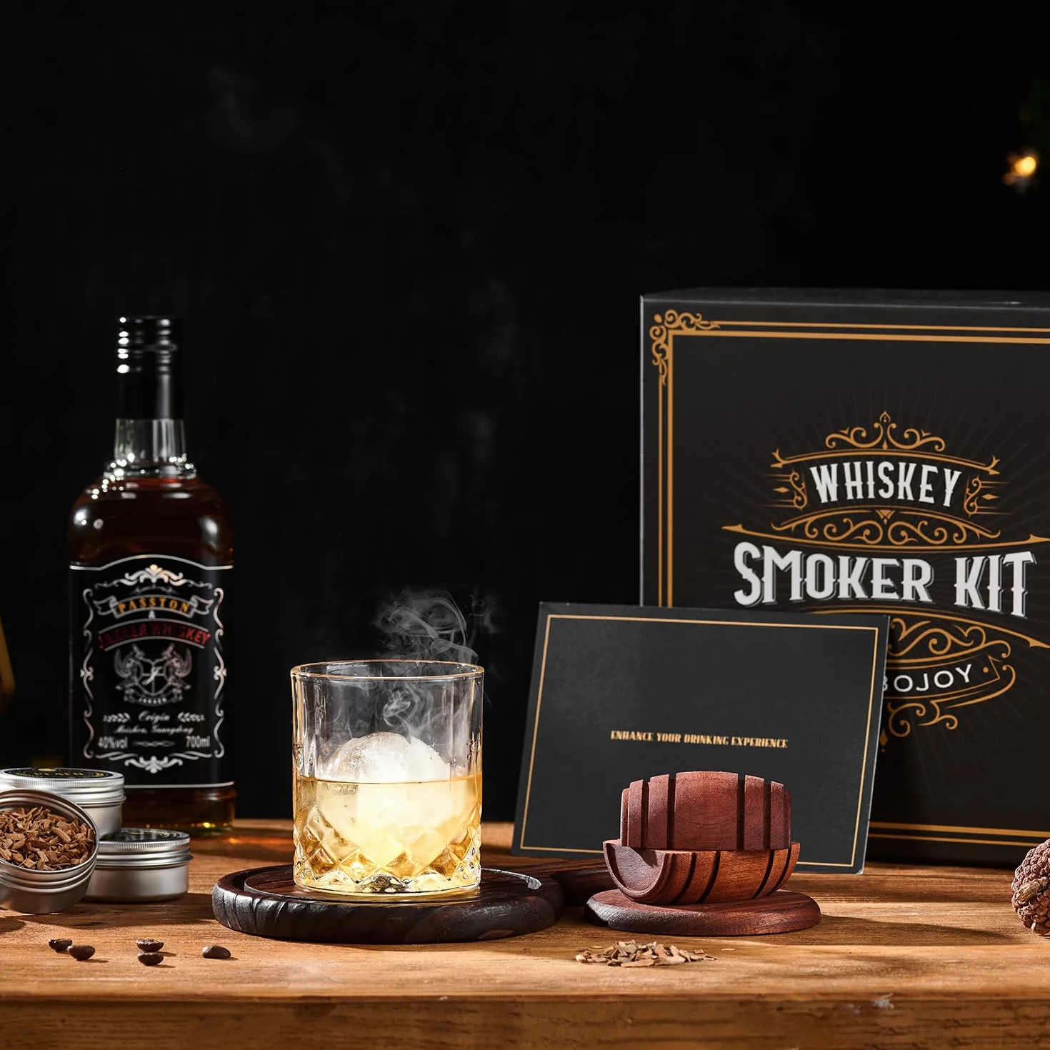 Zestaw do wędzarni whisky z latarką, 6 smaków, 2 szklanki, 2 foremki do lodów, zaparczacz do koktajli, staromodny zestaw do wędzania napojów, prezenty urodzinowe dla mężczyzn, taty