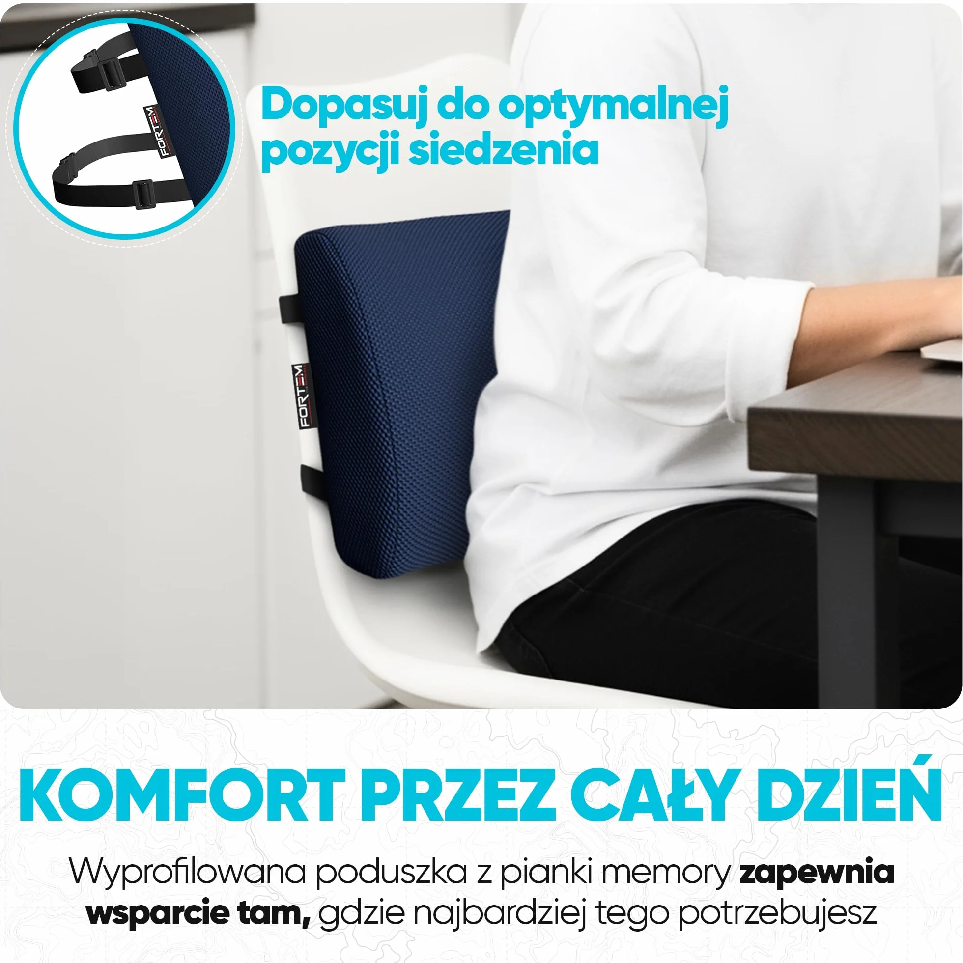 FORTEM Poduszka Lędźwiowa Ortopedyczna z Pianki Termoelastycznej na Fotel Samochodowy i Krzesło Biurowe