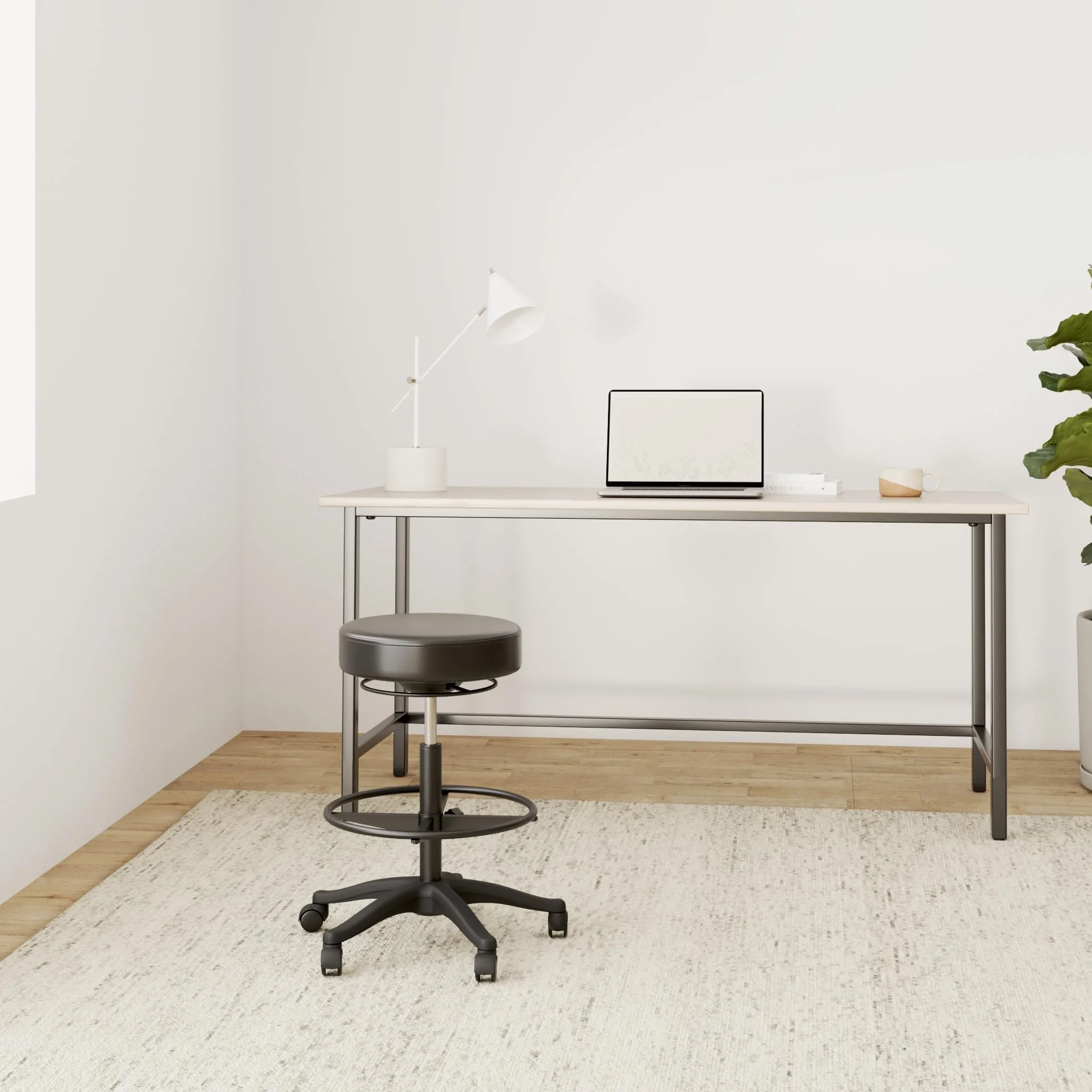 SONGMICS Stołek roboczy, wysokie siedzisko, ergonomiczny stołek dynastyczny, stołek biurowy, stojący, obrotowy i regulowany, 59,5-81 cm, z regulowanym, okrągłym podnóżkiem, czarny OSC007B01