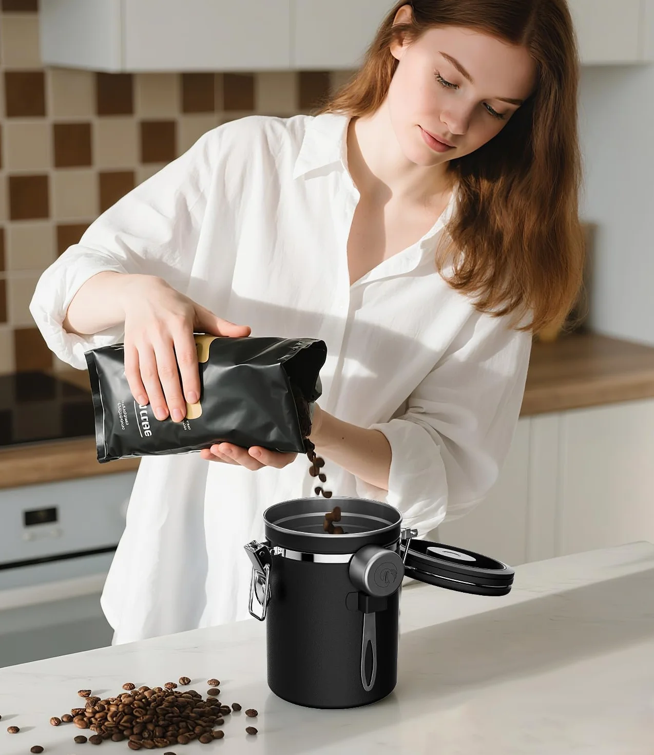 Coffee Gator Stainless Steel Coffee Grounds and Beans Container Canister with Date-Tracker, CO2-Release Valve and Measuring Scoop, Medium, Black