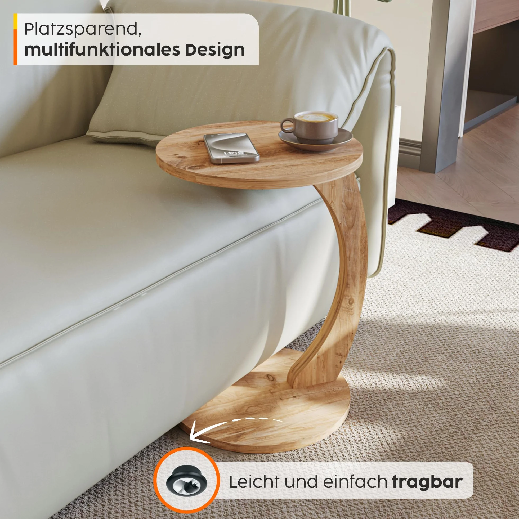 sugodesign Stolik kawowy na kółkach, mały stolik boczny w kształcie litery C, stylowy, o pięknym wyglądzie drewna orzechowego, okrągły stół jako dodatkowa powierzchnia przy kanapie i sofie