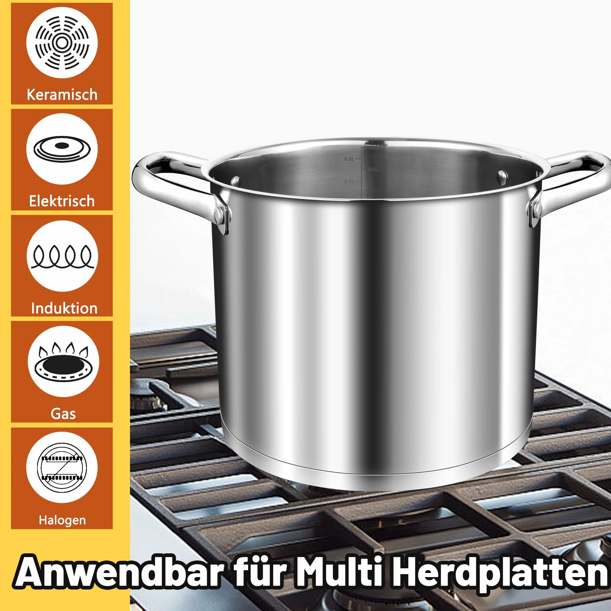 TEAMFAR Garnek do gotowania 10 l, stal nierdzewna, duży garnek do makaronu, indukcyjny z 3-warstwowym dnem, do wszystkich rodzajów kuchenek, szklana pokrywka, 24 cm, garnek do gotowania, niepowlekany