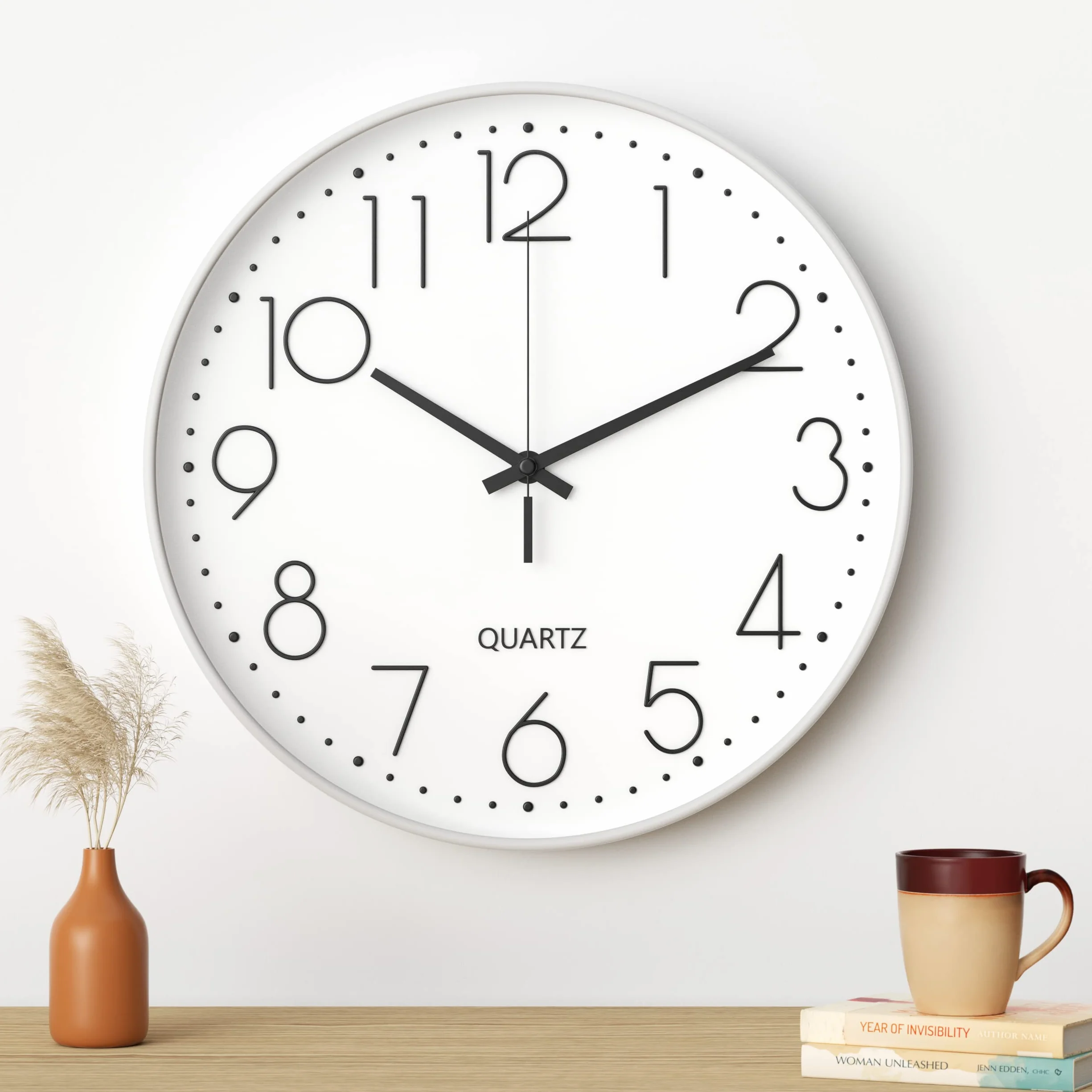 Uootach Zegar ścienny, cichy mechanizm kwarcowy, 30 cm, minimalistyczny nowoczesny czarny design, cichy zegar ścienny do salonu, kuchni, biura, sypialni (białe znaki)
