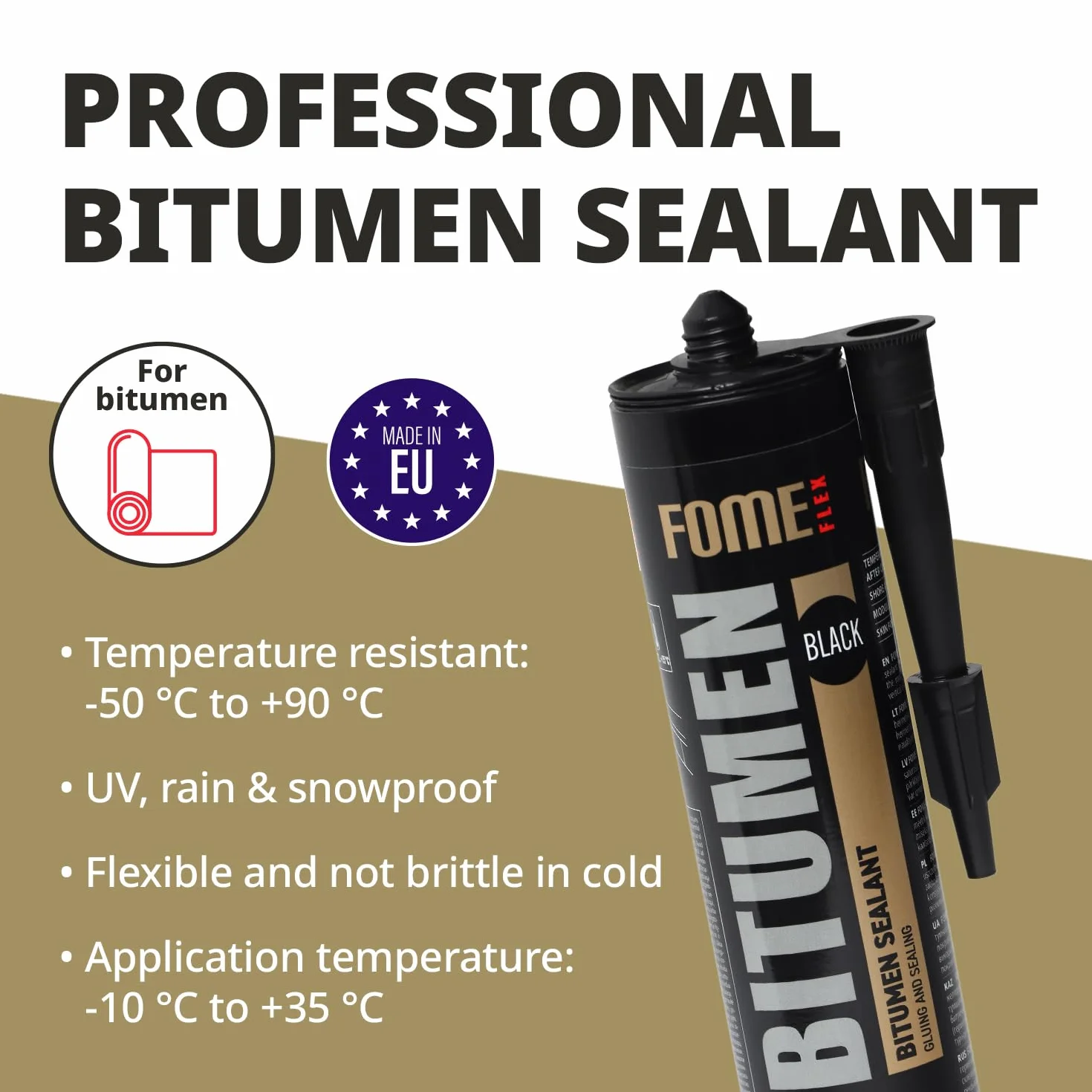 Profesjonalny uszczelniacz bitumiczny FOME FLEX BITUMEN [1 x 310 ml], odporny na warunki atmosferyczne, do uszczelniania i klejenia bitumicznych powłok dachowych.