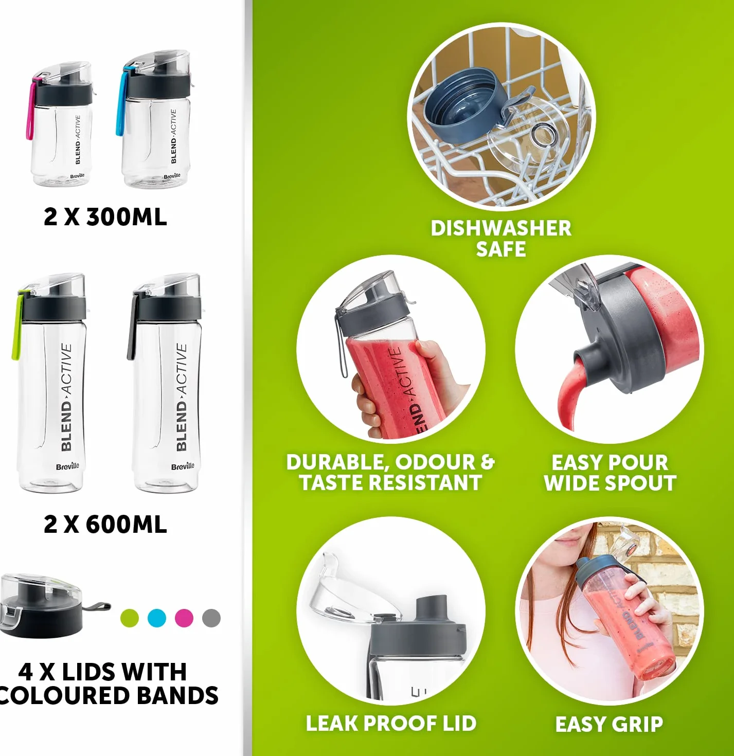 Breville Blend Active Personal Blender & Smoothie Maker | 350 W | Pakiet rodzinny | 4 przenośne butelki z mieszanką aktywnych (300 ml | 600 ml) | szczelne pokrywki | biało-zielone [VBL252]