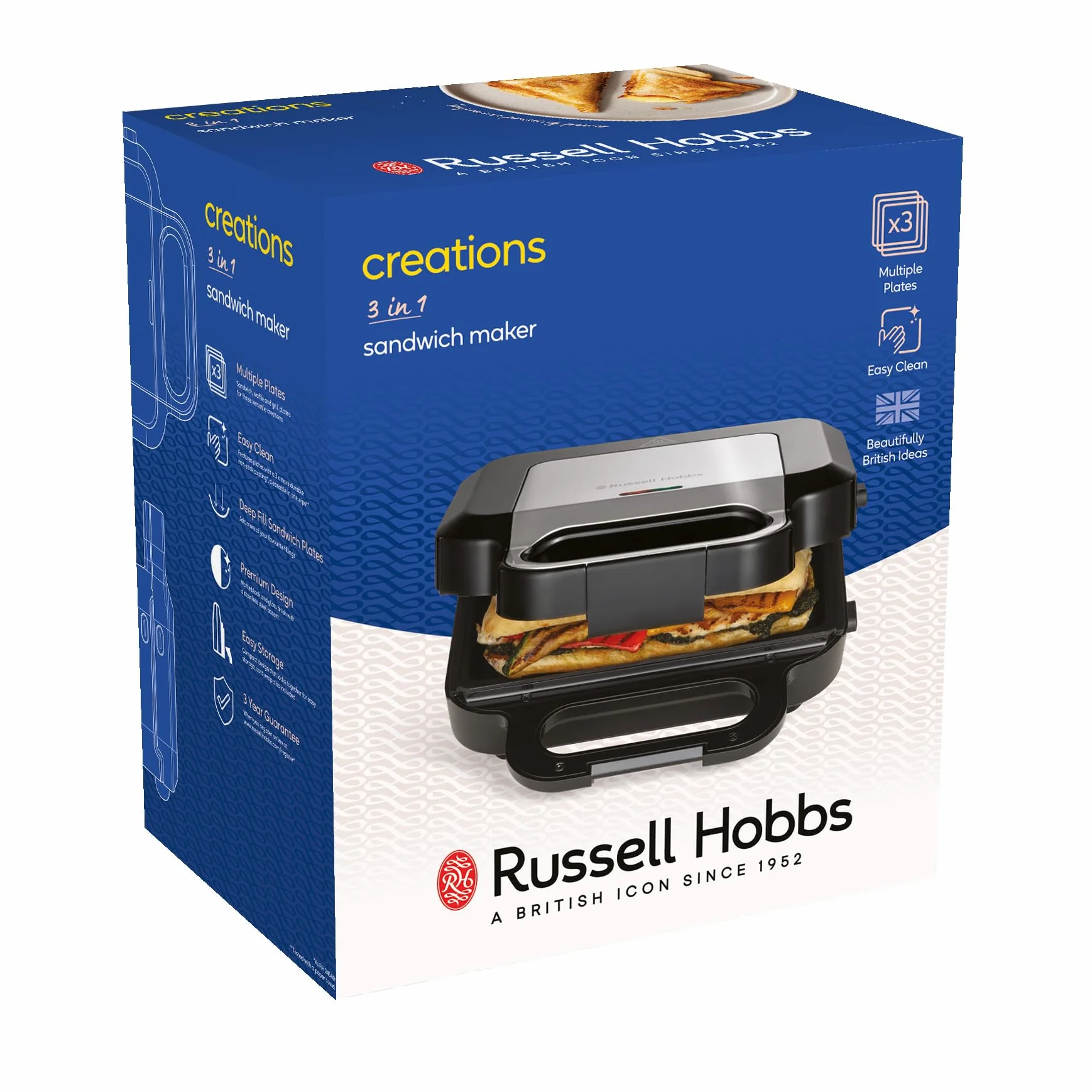 Russell Hobbs Opiekacz do kanapek 3w1 (opiekacz, gofrownica, grill), płyty można myć w zmywarce, głębokie płyty + powłoka nieprzywierająca, bez BPA, przechowywanie w pionie, 750W, Creations, 26810-56