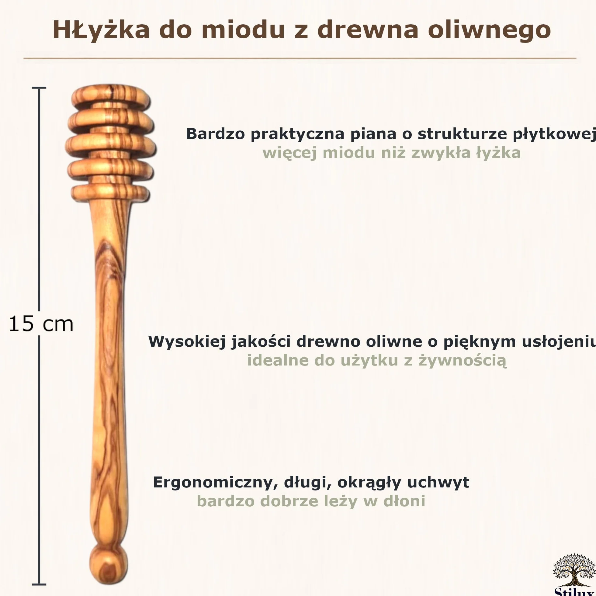 łyżka do miodu z drewna oliwkowego, 15 cm, do miodu i syropu, spirala miodowa, bez kapania, z prawdziwego drewna oliwkowego
