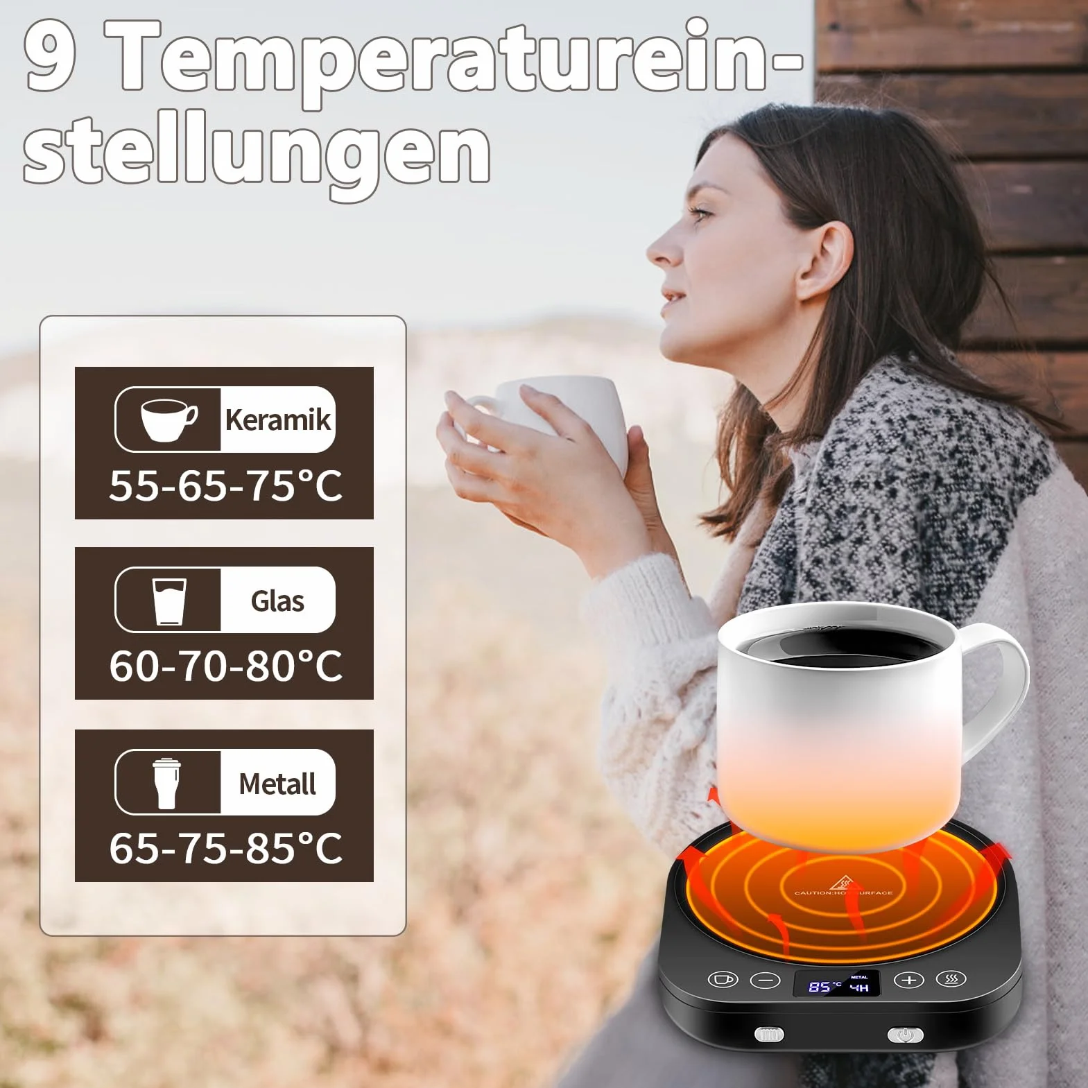 Podgrzewacz do kawy, ulepszony podgrzewacz do filiżanek, elektryczny podgrzewacz do napojów, podgrzewacz do filiżanek kawy z 9 ustawieniami temperatury, automatyczne włączanie/wyłączanie podgrzewacza