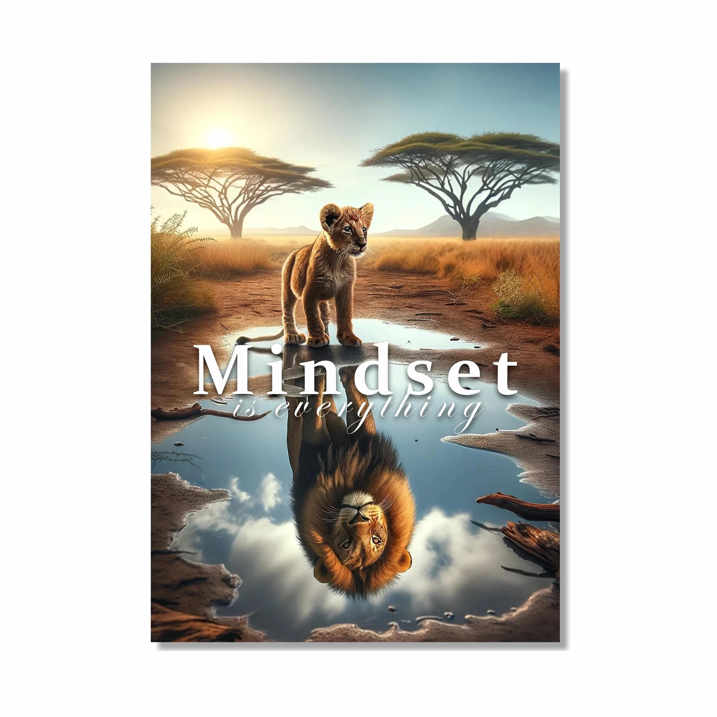 CLEAN SPORTS® Mindset is everything — plakat motywacyjny – lew dziecięcy widzi siebie jako dorosłego lew w lustrze – obraz motywacyjny do biura, sportu i Twojego sukcesu – bez ramki (DIN A1)