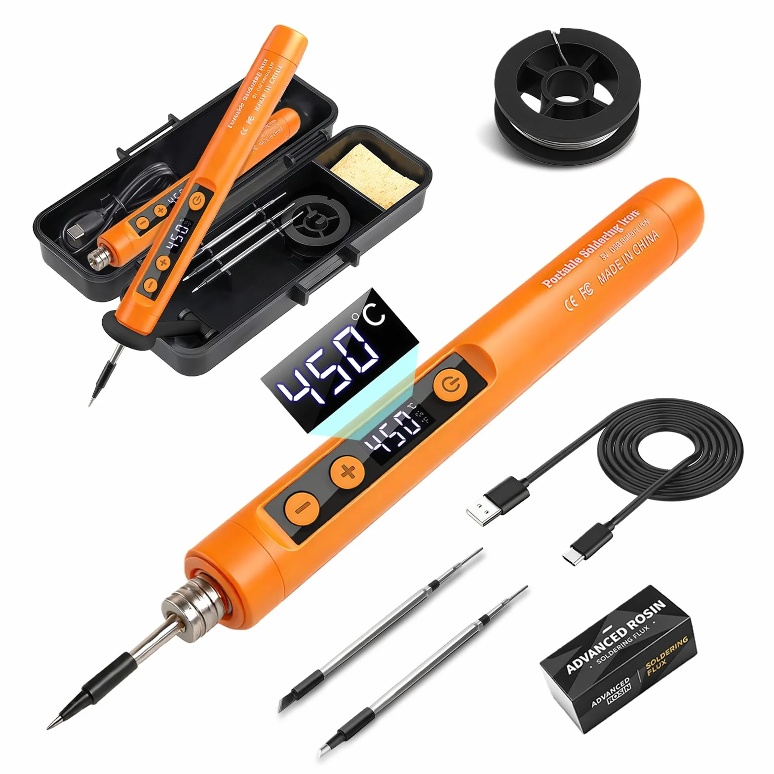 Flintronic Lutownica cynowa, bezprzewodowy zestaw lutowniczy, zestaw lutowniczy USB z wyświetlaczem LCD, regulowana temperatura od 180°C do 450°C, 3 punkty lutownicze, drut i pasta lutownicza, naprawa