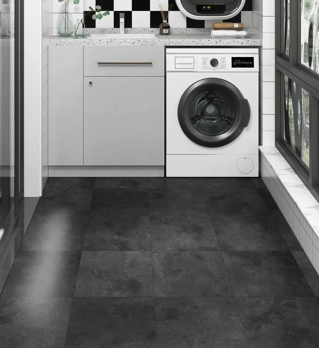 Livelynine Podłogi PCV samoprzylepne wygląd płytek 30x30cm podłogi winylowe samoprzylepne antracytowe wodoodporne płytki podłoga kuchenna Podłoga PCV do łazienki przedpokój sypialnia salon 4 płytki