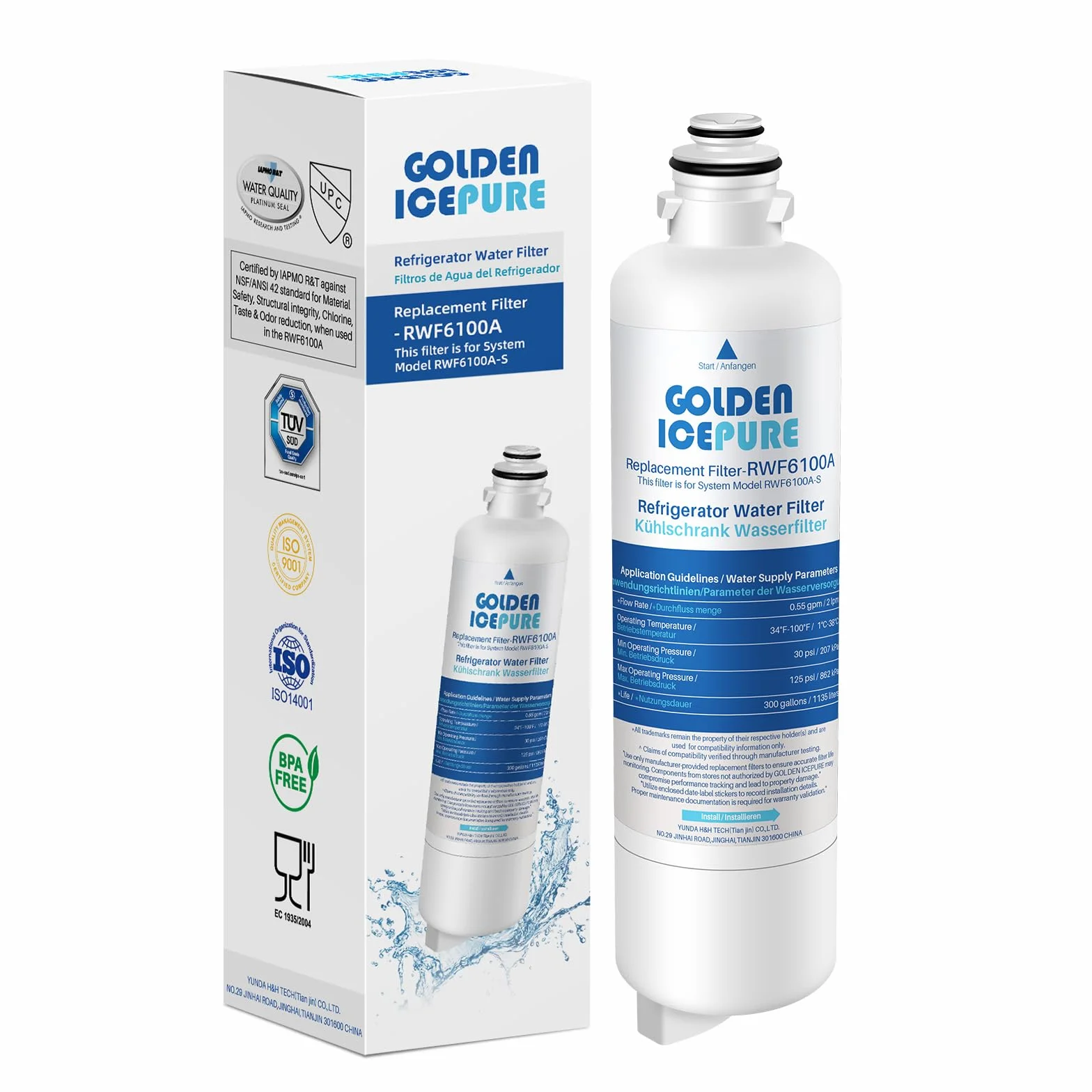 Filtr wody do lodówki GOLDEN ICEPURE zamiennik Siemens Bosch Neff Ultra Clarity Pro 11032518 2 sztuki