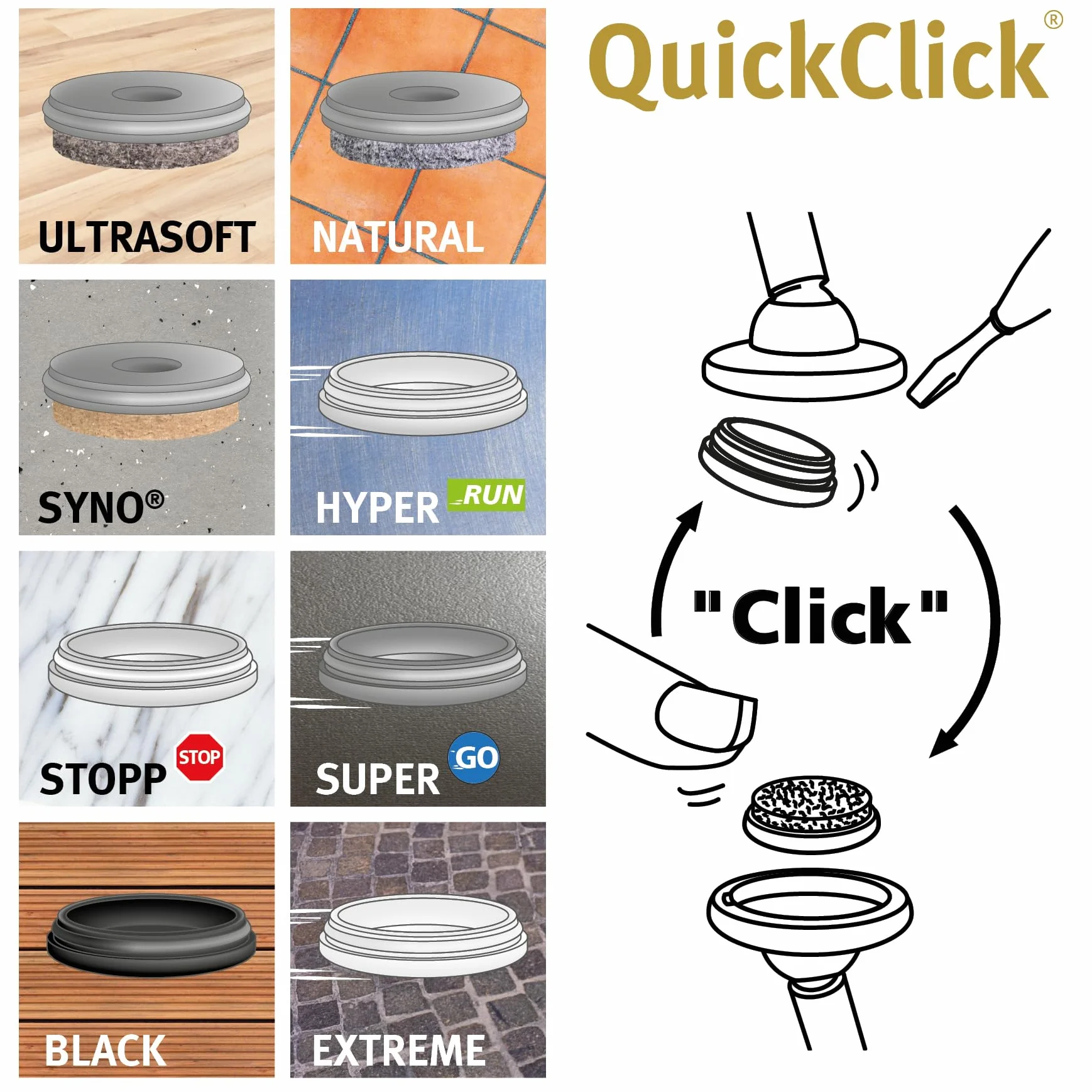 Wagner QuickClick® ślizgacze z tworzywa sztucznego – zestaw 4 nakładanych podstawek i 4 wymienne wkładki ślizgowe – tworzywo sztuczne Hyper – Ø 30 do krzeseł Vitra DSR DAR DKR – Made in DE – 16780100