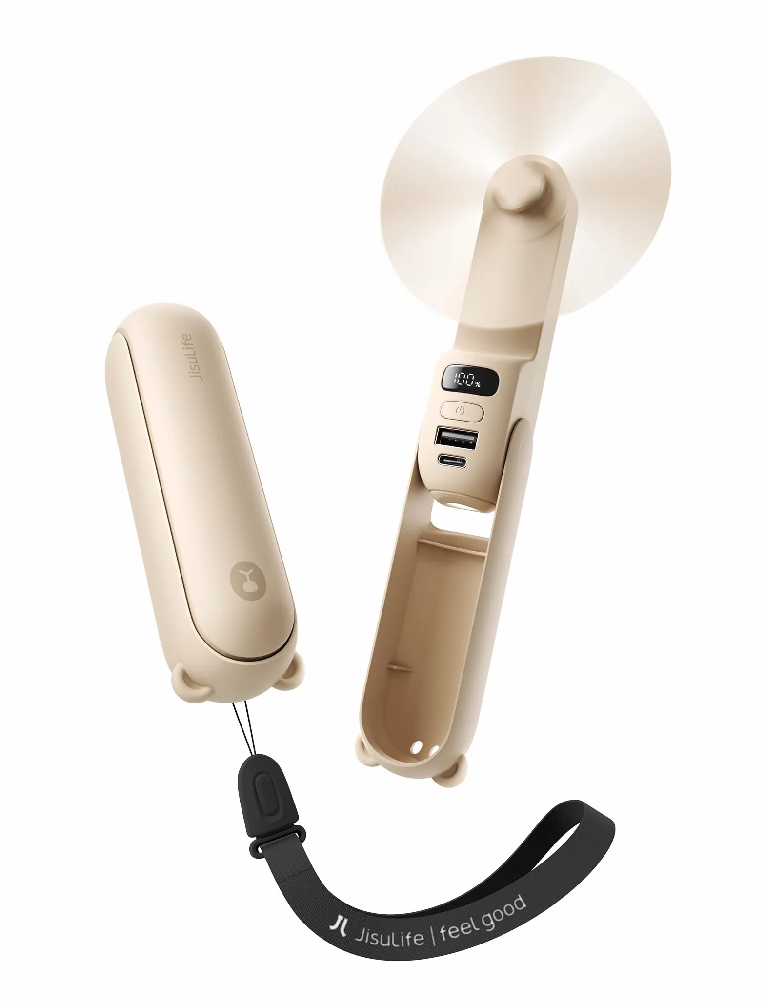 JISULIFE Mini wentylator ręczny, ulepszony, przenośny wentylator o czasie pracy do 24 godzin, cyfrowy wyświetlacz LED, łączy powerbank i latarkę, idealny w podróży, na lato, koncert, brązowy