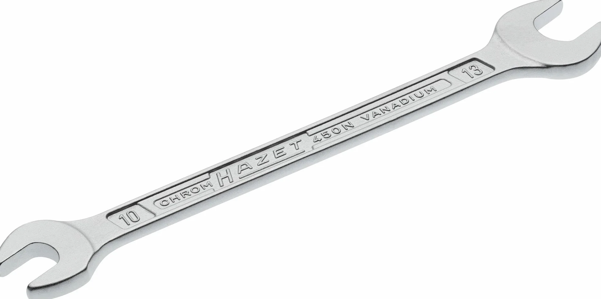 HAZET Podwójny klucz płasko-oczkowy 450N-10X13 chromowany, szerokość płaskowników: 10 x 13 mm, pozycja szczęk: 15°, trzon z bardzo wytrzymałym podwójnym profilem T HAZET, Made in Germany