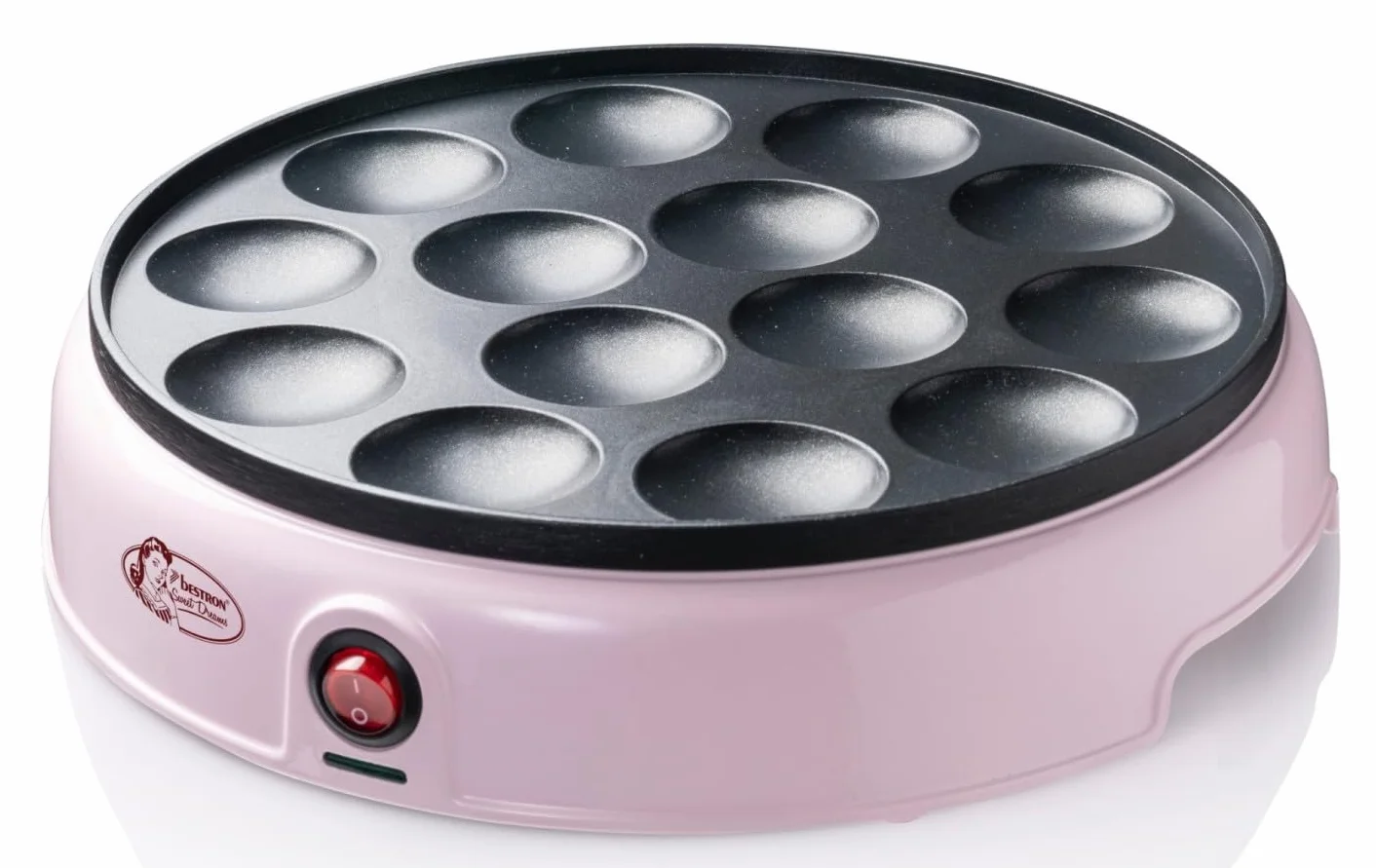 Bestron Poffertjes Maker w stylu retro, mini gofry do naleśników, z powłoką zapobiegającą przywieraniu, Sweet Dreams, 800 W, kolor: różowy