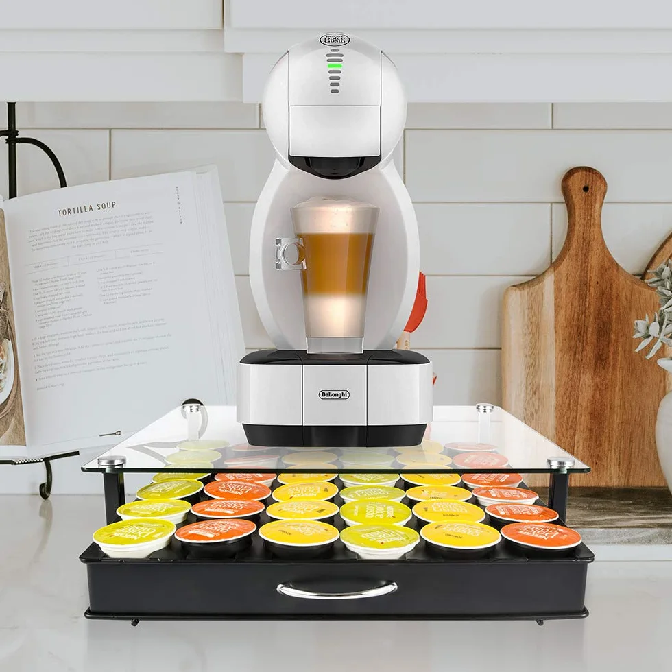 Uchwyt na kapsułkę kawy HiveNets platforma ze szkła hartowanego do Nescafe Dolce Gusto metalowa na 36 szt