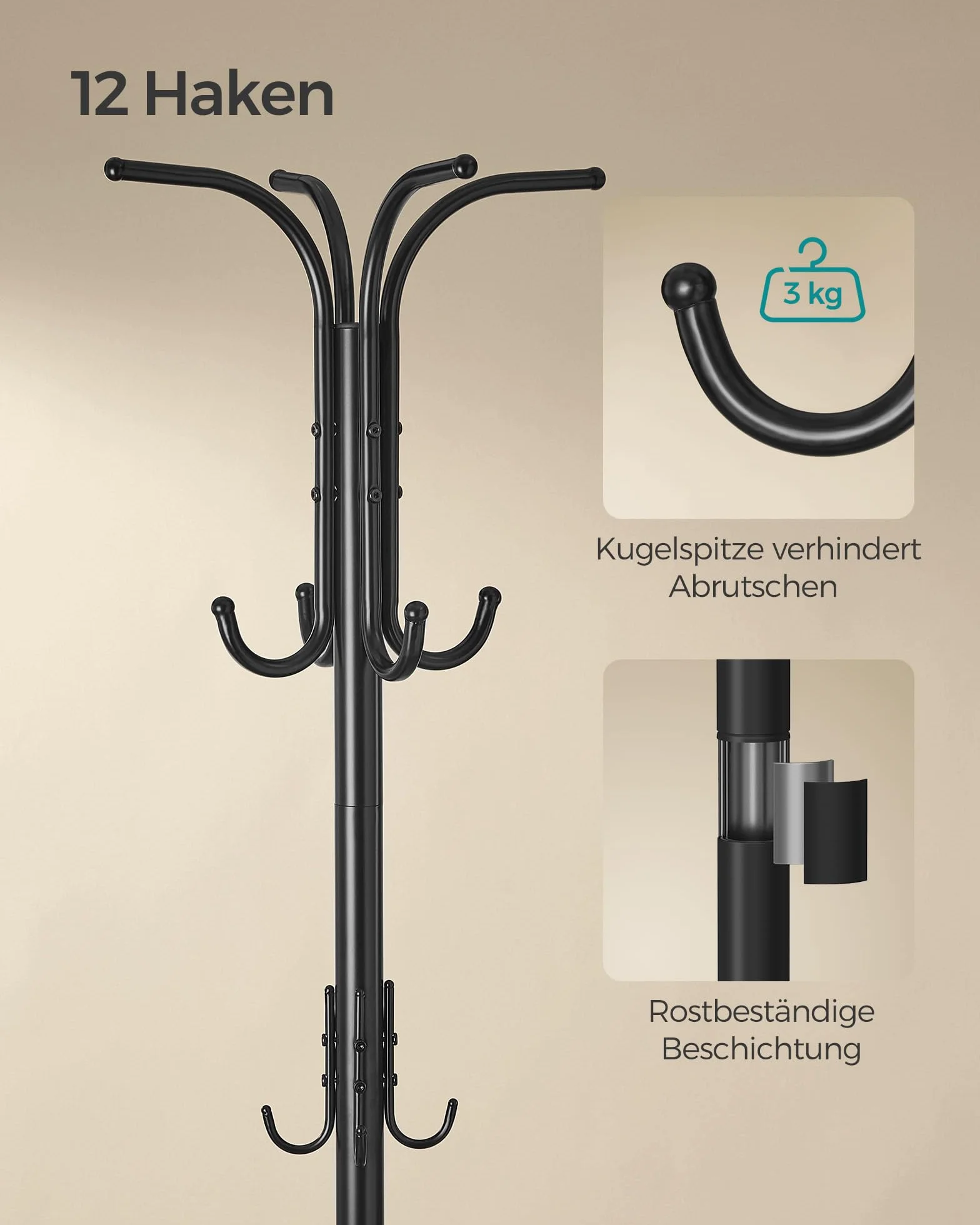SONGMICS RCR011B01 wieszak na ubrania, wolnostojący, z uchwytem na parasol, 12 haczyków, metal, wysokość 175 cm, do przedpokoju, salonu, sypialni, czarny atrament