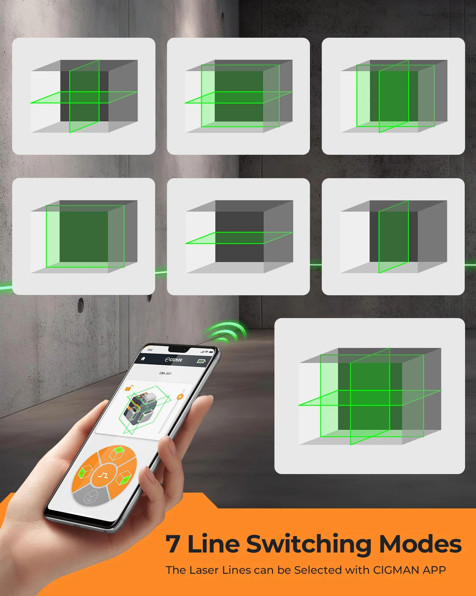 Laser krzyżowy, Cigman App Inteligentna kontrola 3x360 stopni samodzielna laserowa skala wody laserowej, z akumulatorami litowymi, laserowym laserowym zielonym laserowym zielonym do użytku (CM-S01)