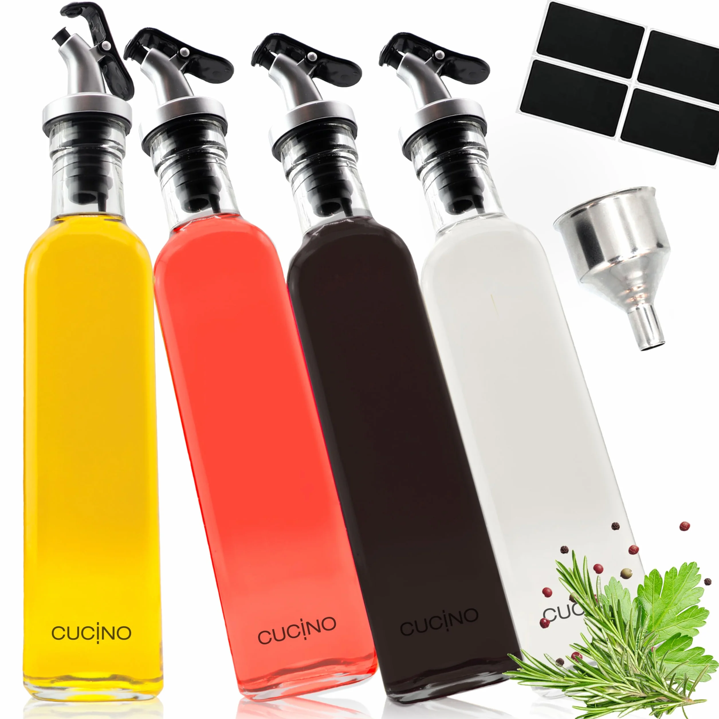 Zestaw dozowników do octu i oleju - (Madeira) 4 x 500 ml butelki ze szkła z metalowym lejkiem i etykietami do oznaczania | szczelne i niekapiące | z zakrętką zapobiegającą zabrudzeniu