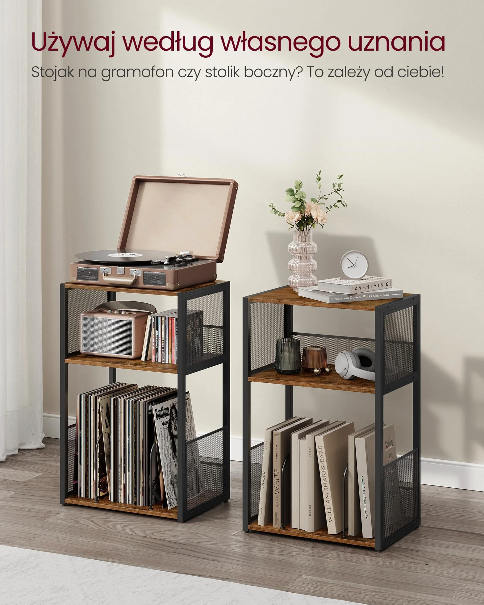 VASAGLE Stojak na gramofon, 3-poziomowy stolik boczny, przechowywanie płyt winylowych do 100 albumów, stolik końcowy do salonu, sypialni, rustykalny brązowy LET275K01