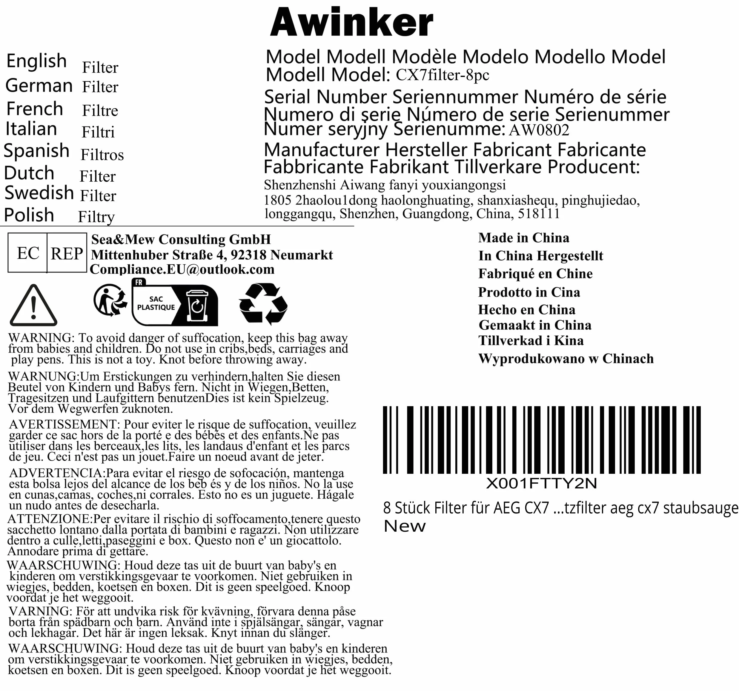 8 sztuk filtrów do AEG CX7 CX7-2 modeli CX7 Animal QX8 numer artykułu AEF150 filtr zamienny aeg cx7 odkurzacz