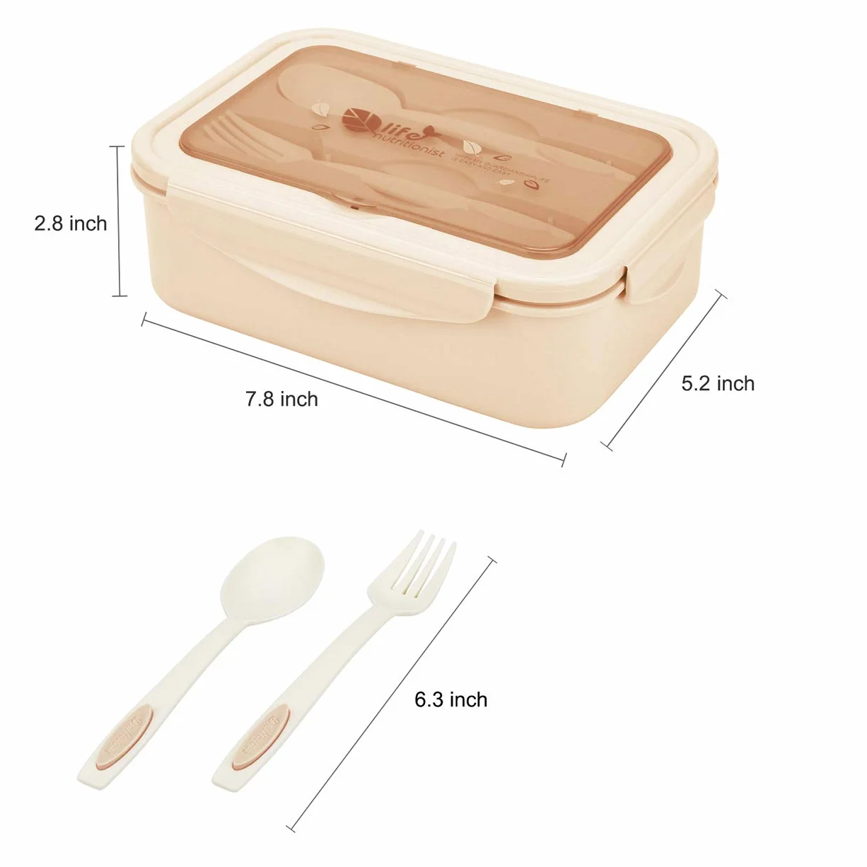 BIBURY Lunch Box, plastikowe pudełko na lunch dla dzieci dorosłych, pudełko na lunch z trzema przegródkami i sztućcami (widelec i łyżka), nie zawiera BPA, do mikrofalówki i zmywarki - Khaki